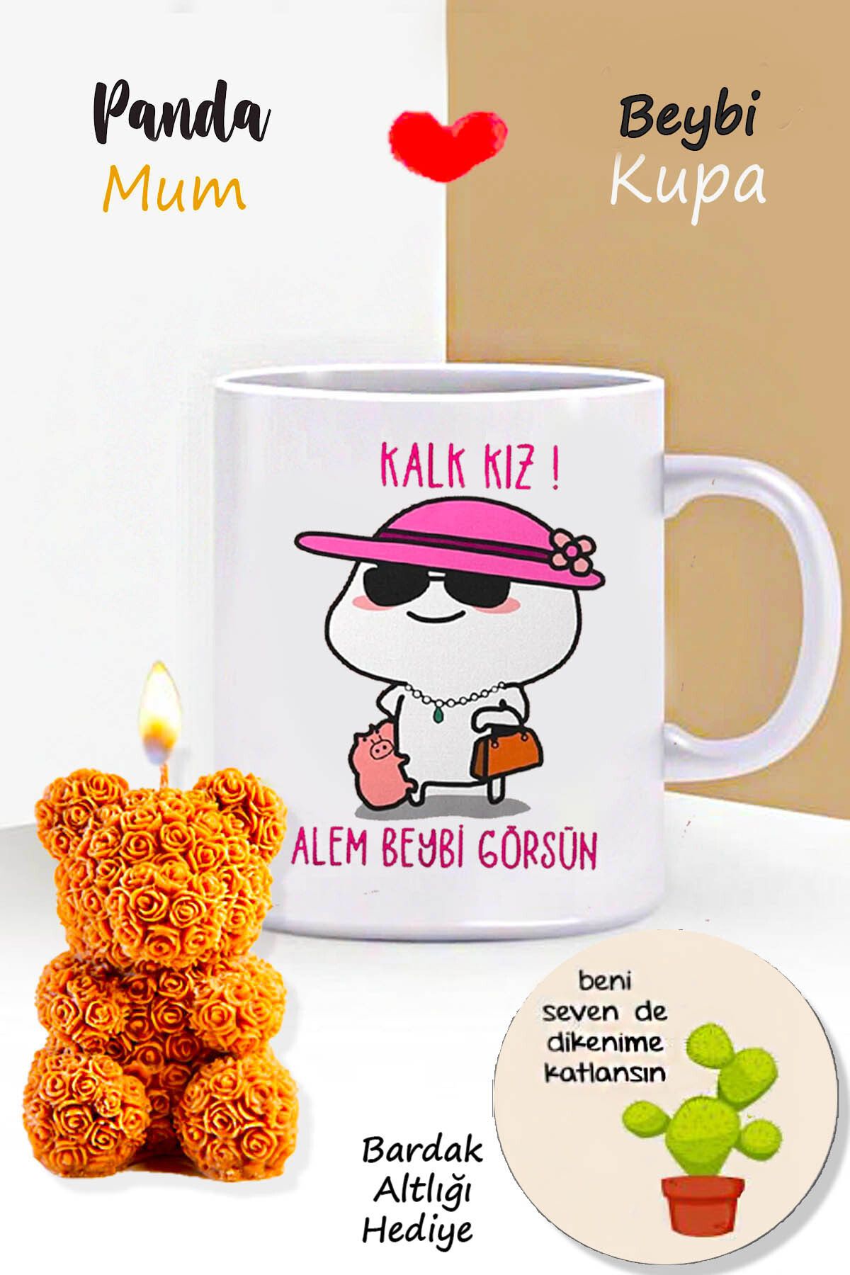RETROGO Kalk Kız Alem Görsün Kupa & & Gül Desenli Teddy Bear Ayıcık Mum & Bardak Atlığı