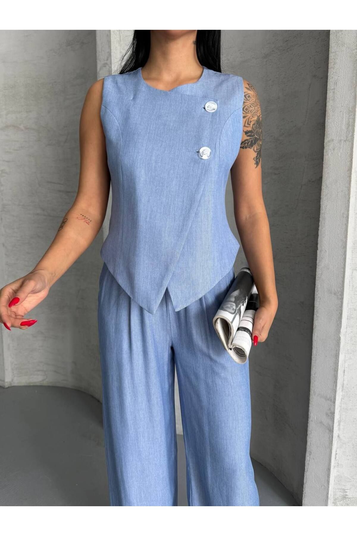 Castivo Fashion Keten Görünümlü Çizgili Kolsuz Yelek Takım