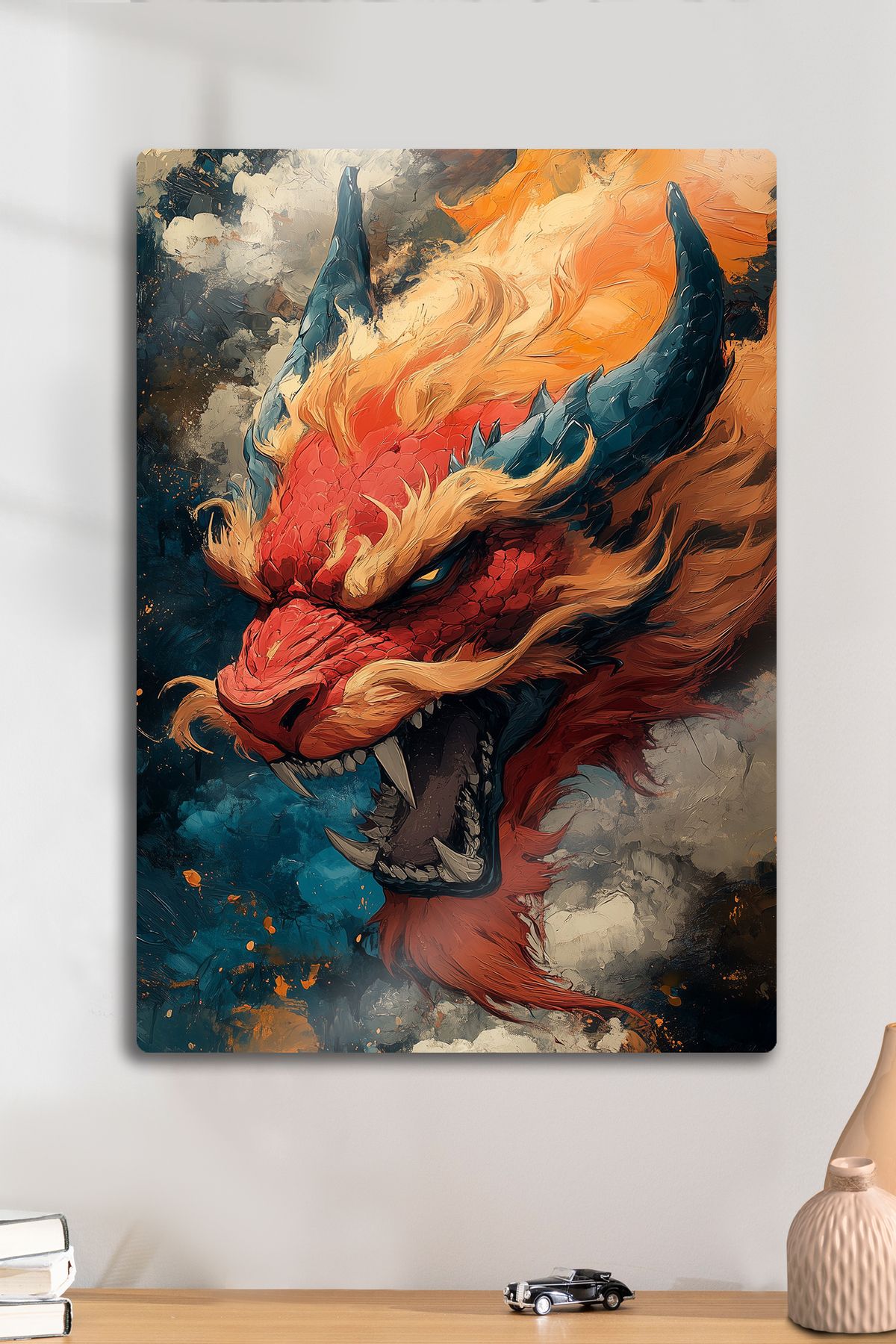 DekorHane Metal Tablo - Dragon, Japon Mitolojik Sanatsal Dekoratif Tablo, Parlak Ejderha Baskı