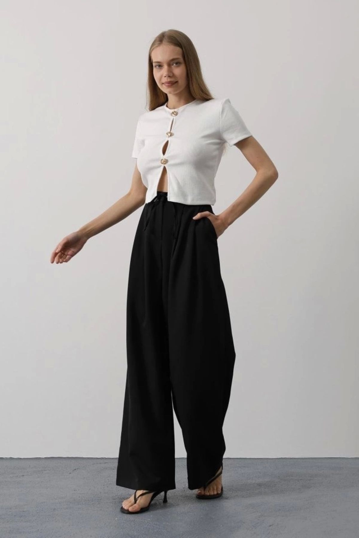 Silerra Pileli Bağcıklı Oversize Pantolon - Siyah
