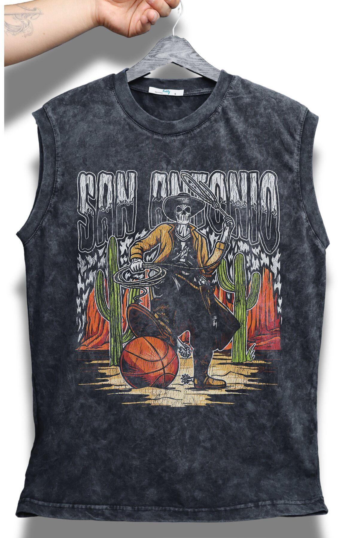 Fuddy Moda San Antonio Yazılı Yıkamalı Kolsuz Tişört, Unisex Basketbol Temalı Sıfır Kollu Vintage Atlet