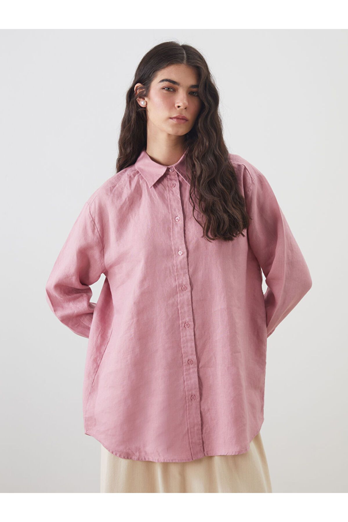 LC Waikiki LCW Modest Pembe Keten Kadın Gömlek Tunik S5KB84Z8NVY25