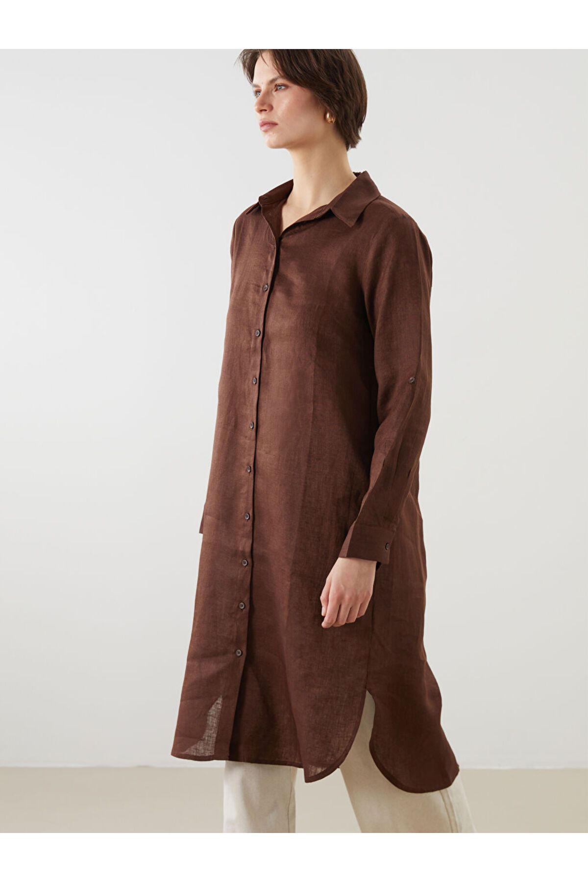 LC Waikiki LCWAIKIKI Classic Kahverengi Keten Kadın Gömlek Tunik S5NF52Z8NVY25