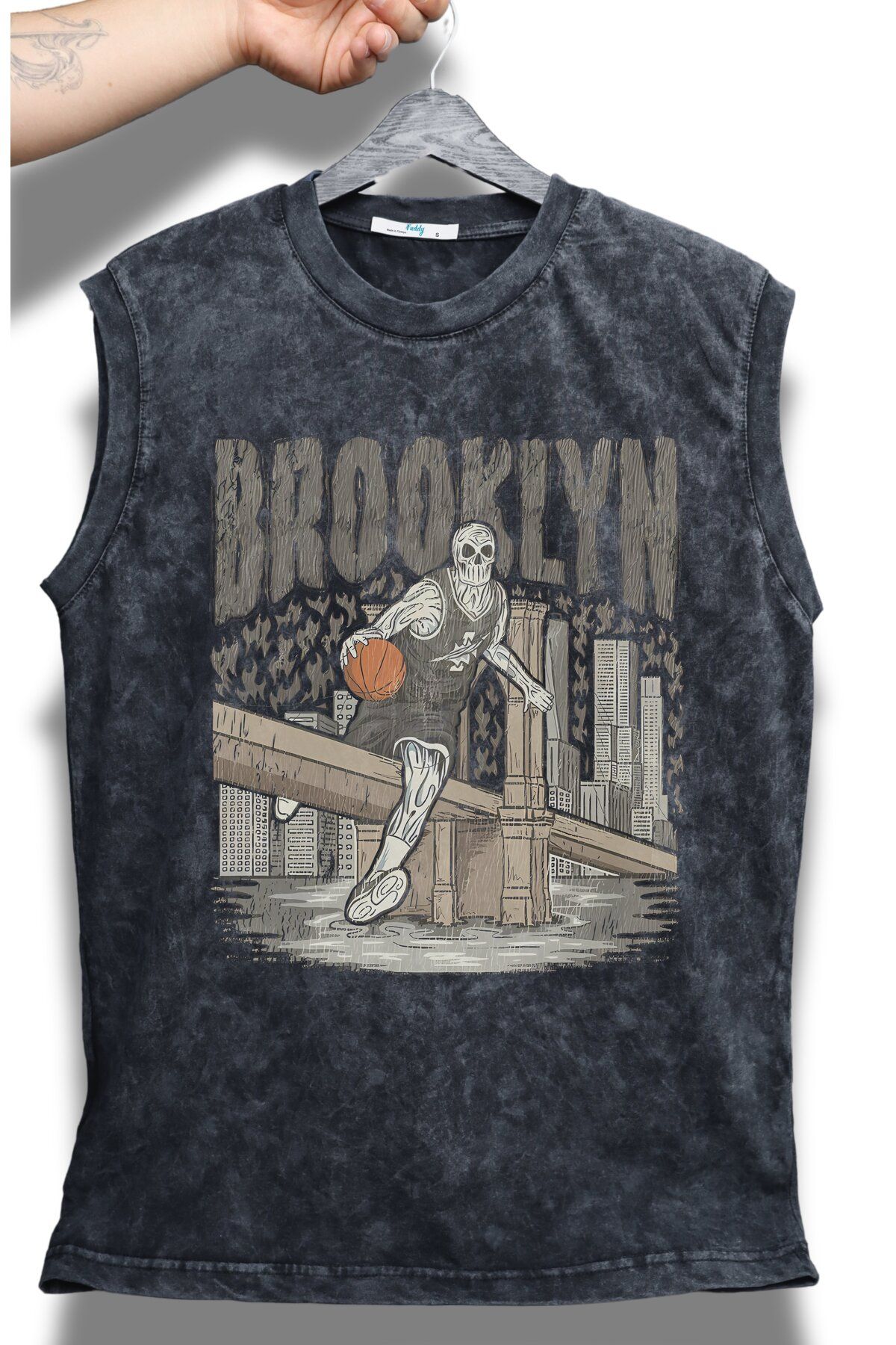 Fuddy Moda Brooklyn Yazılı Yıkamalı Kolsuz Tişört, Unisex Basketbol Temalı Sıfır Kollu Vintage Atlet