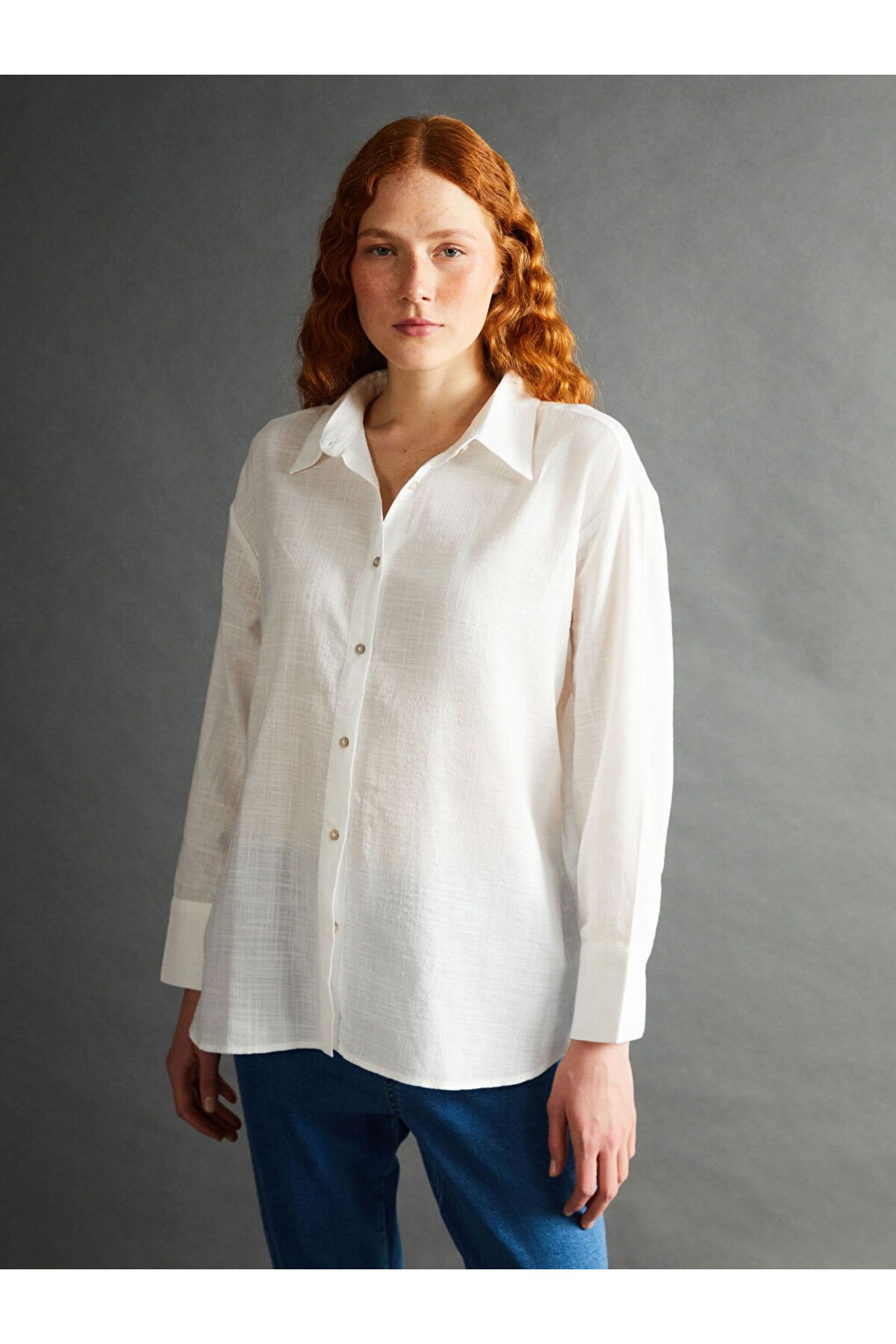 LC Waikiki LCW Vision Ekru Düz Uzun Kollu Oversize Kadın Gömlek S5DG23Z8NVY25