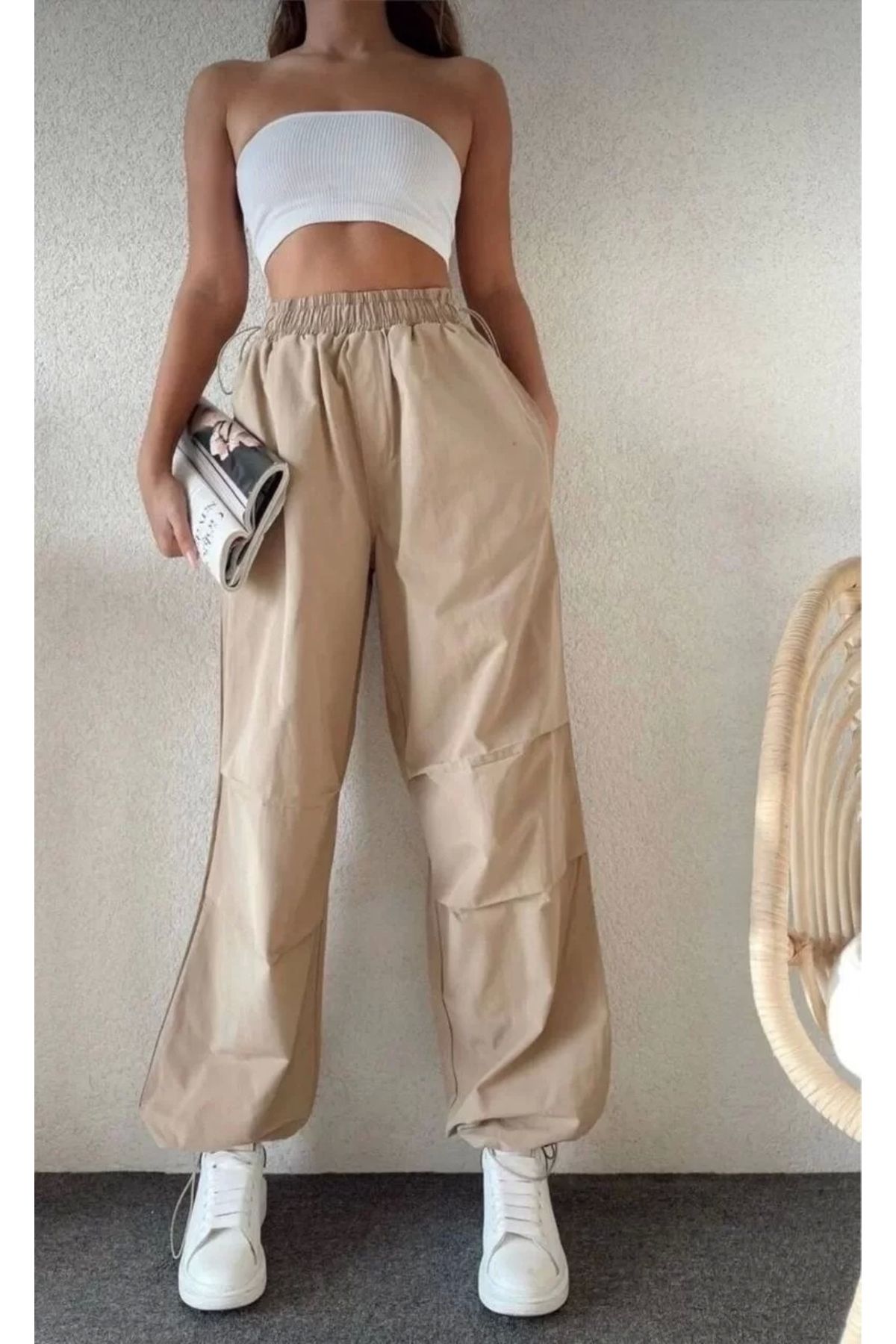 noyo giyim Kadın Cepli Paraşut Pantalon - Bej