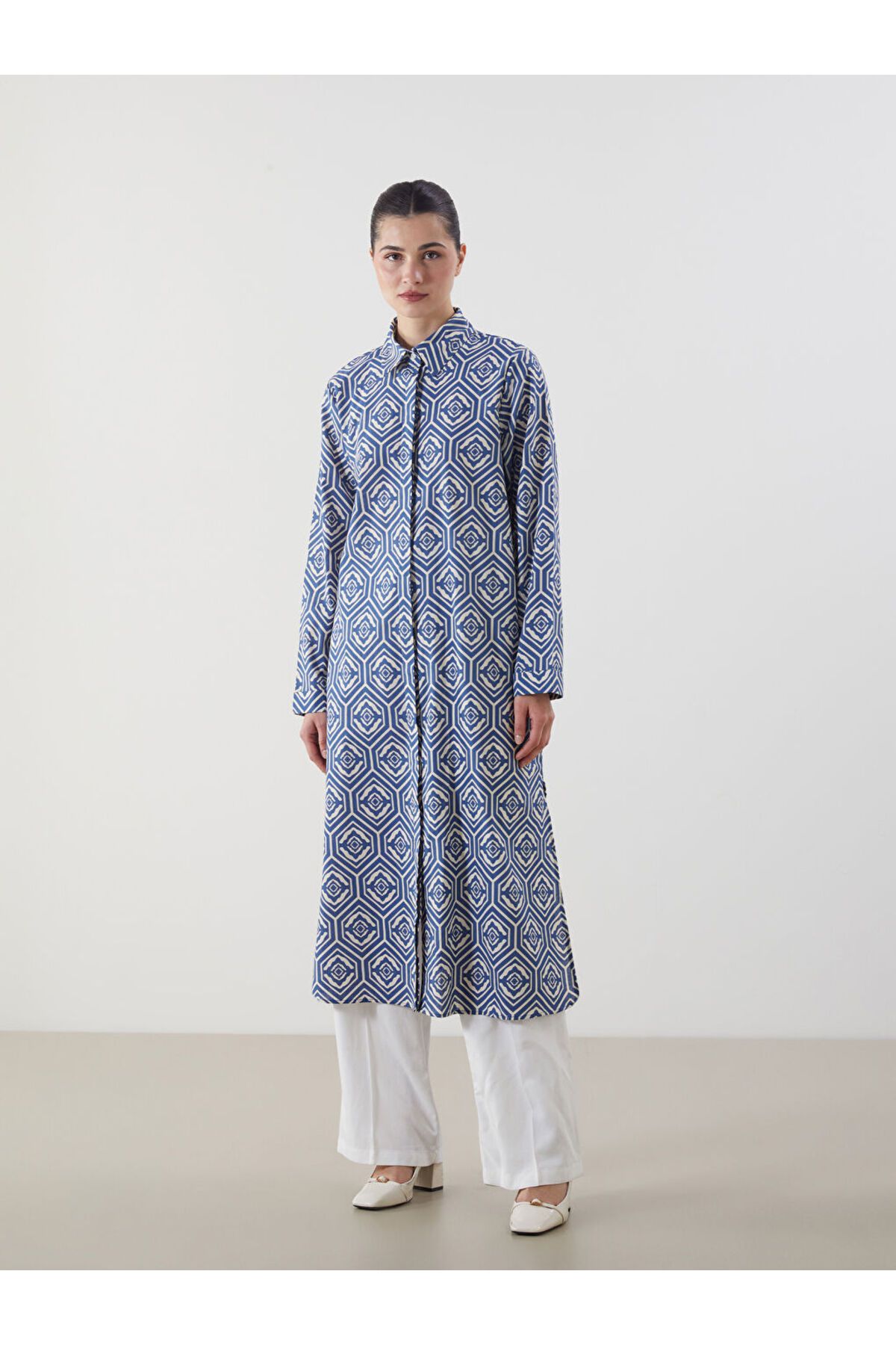 LC Waikiki LCW Modest Mavi Desenli Kadın Gömlek Tunik S5MI10Z8NVY25