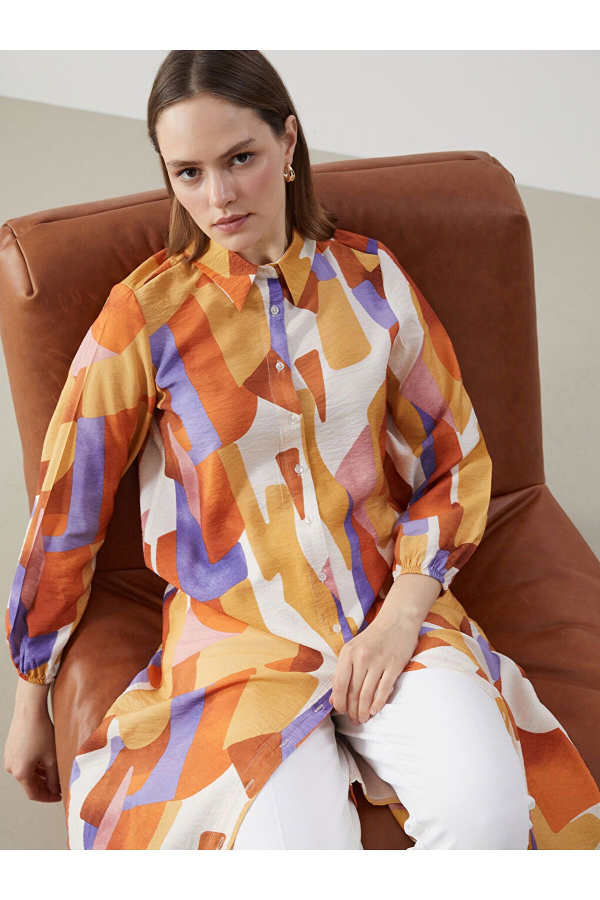 LC Waikiki LCW Modest Kahverengi Desenli Kadın Gömlek Tunik S5FE23Z8NVY25