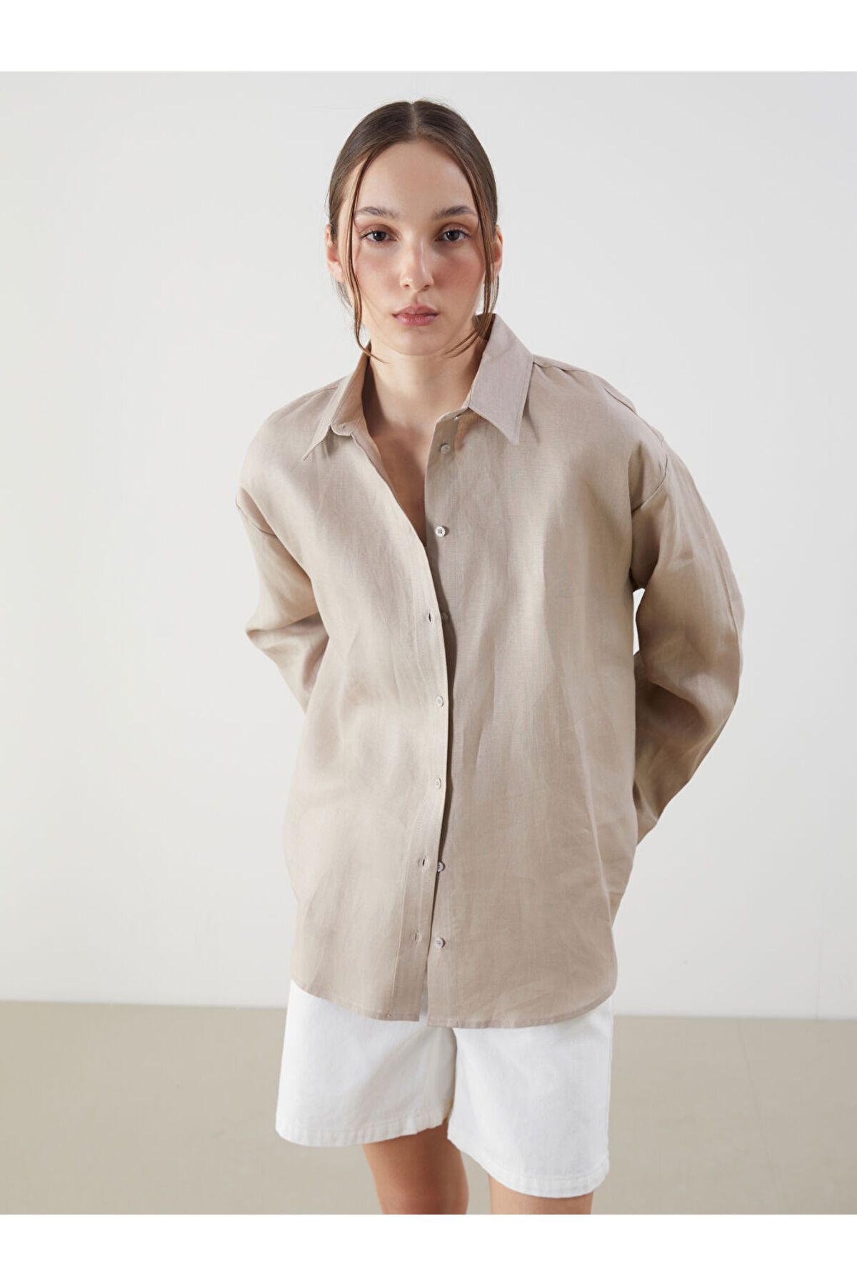 LC Waikiki LCW Vision Bej Oversize Keten Kadın Gömlek S5JV61Z8NVY25