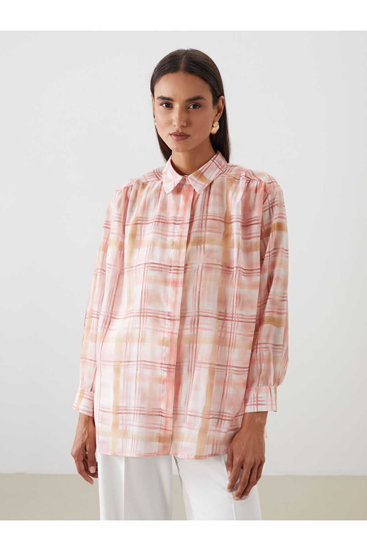 LC Waikiki LCW Modest Pembe Ekose Oversize Kadın Gömlek Tunik S5NE01Z8NVY25