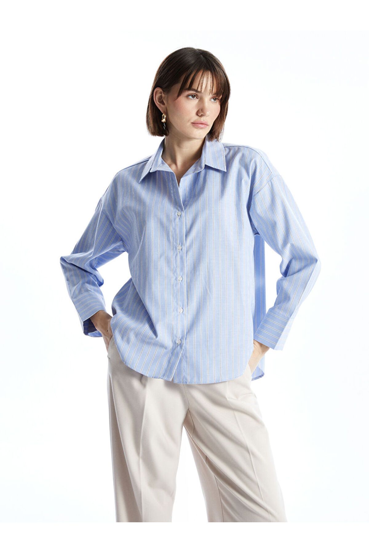 LC Waikiki LCW Vision Mavi Çizgili Oversize Poplin Kadın Gömlek S5I283Z8NVY25