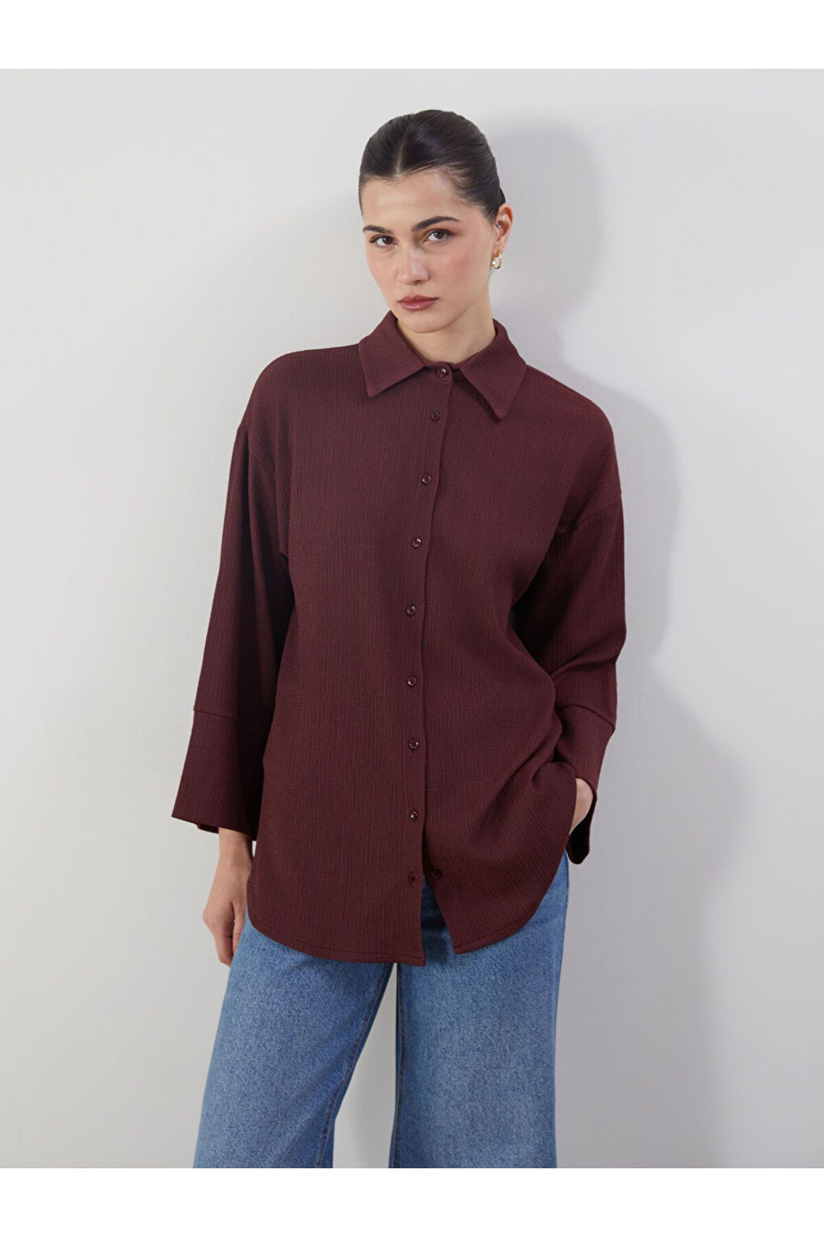 LC Waikiki LCW Modest Pembe Dokulu Oversize Kadın Gömlek Tunik S5P289Z8NVY25