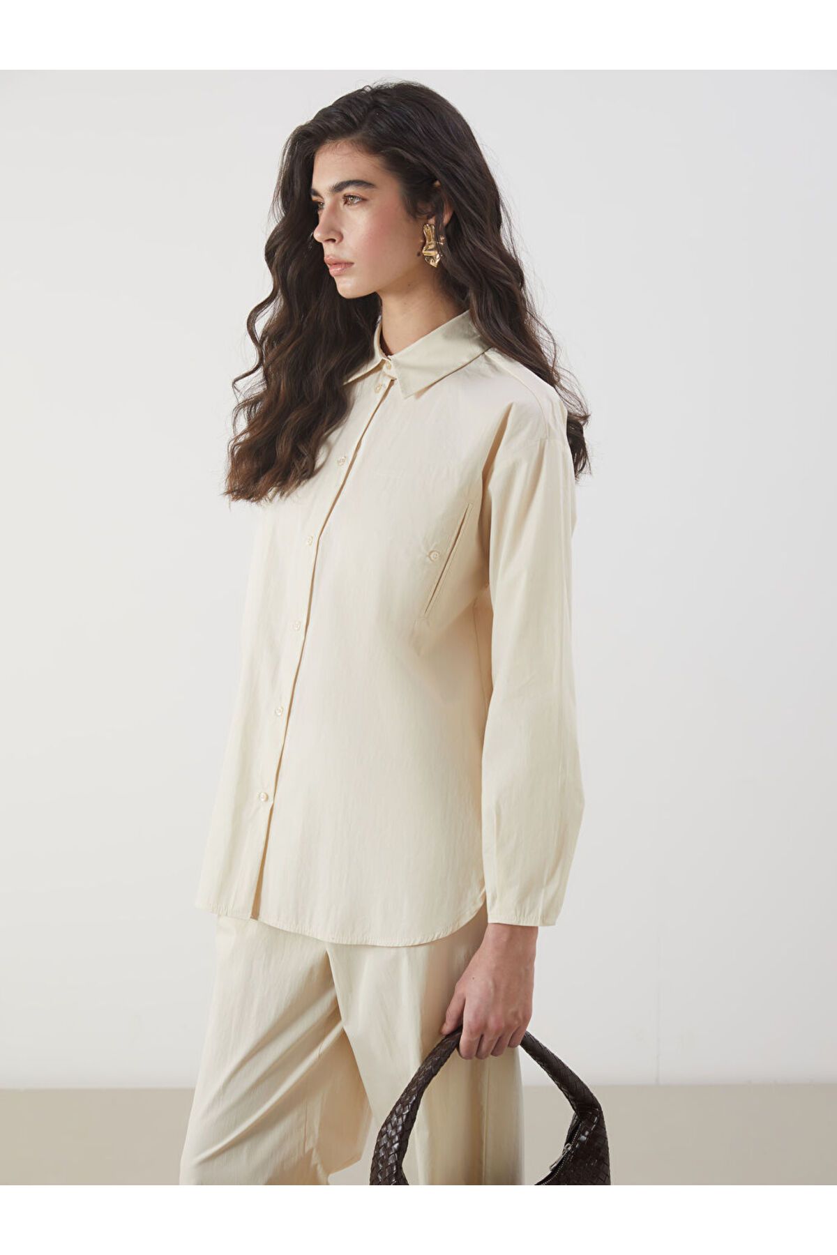 LC Waikiki LCW Modest Ekru Oversize Poplin Kadın Gömlek Tunik S5MU46Z8NVY25