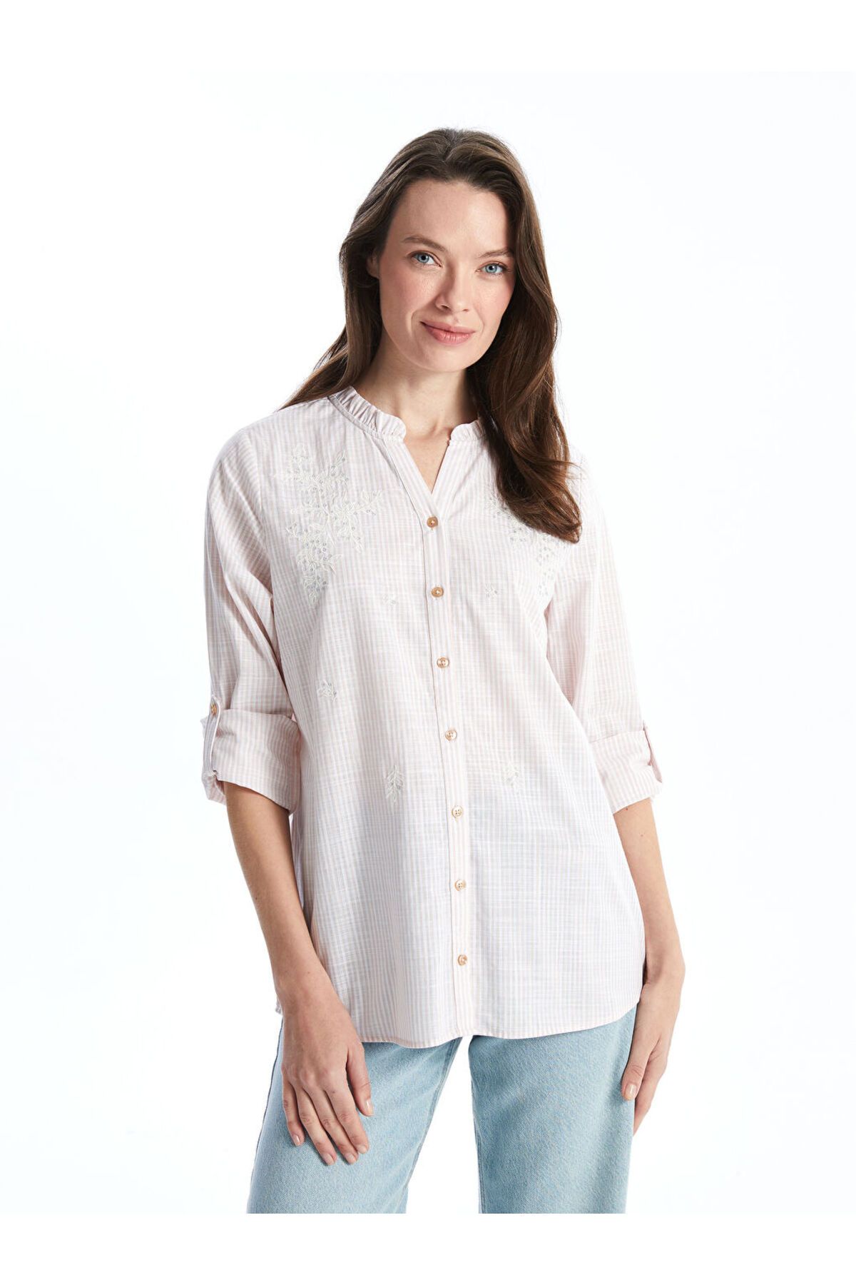 LC Waikiki LCW Grace Bej Kaçık Yaka Çizgili Poplin Kadın Gömlek S53335Z8NVY25