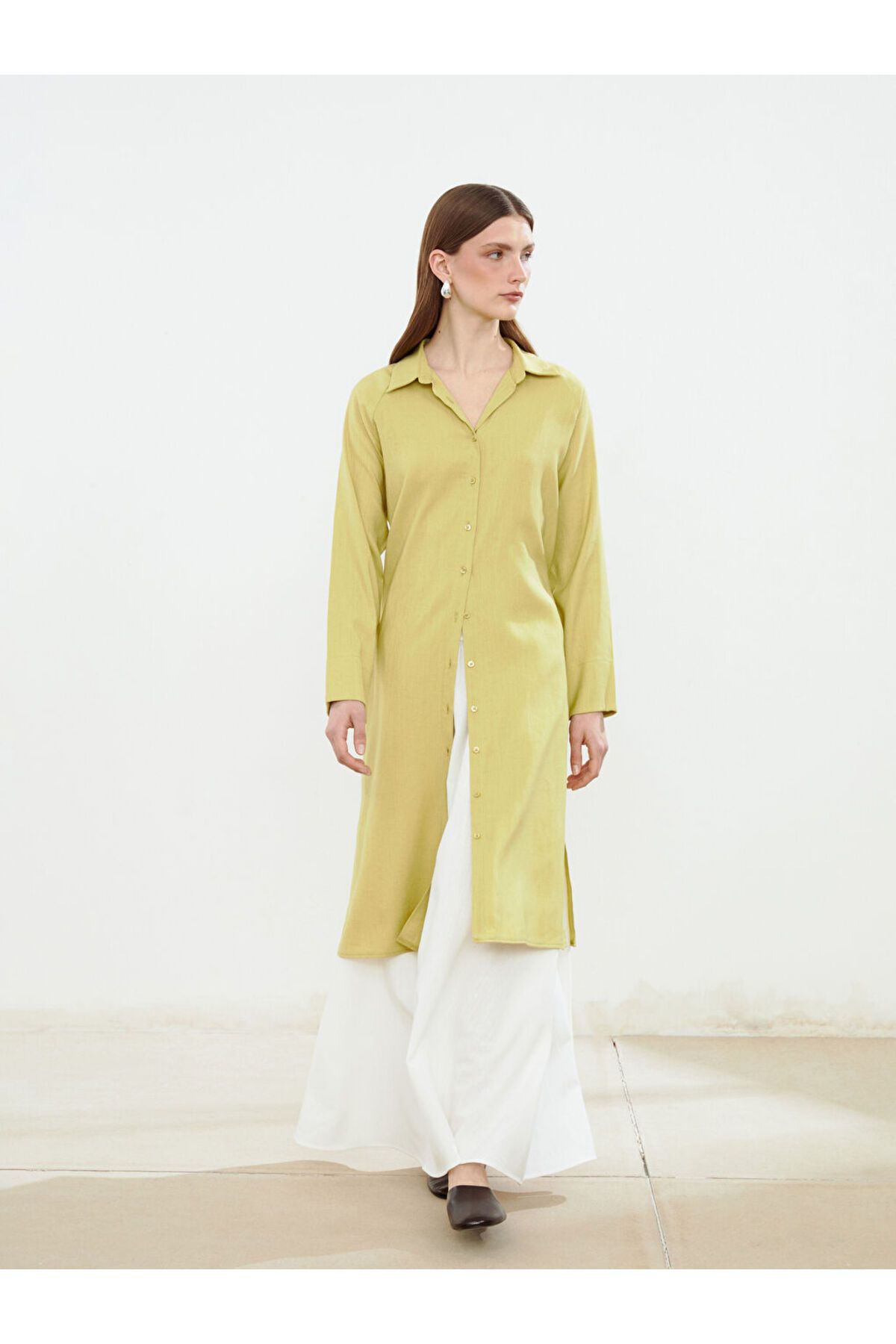 LC Waikiki LCW Modest Yeşil Keten Karışımlı Kadın Gömlek Tunik S5LL44Z8NVY25