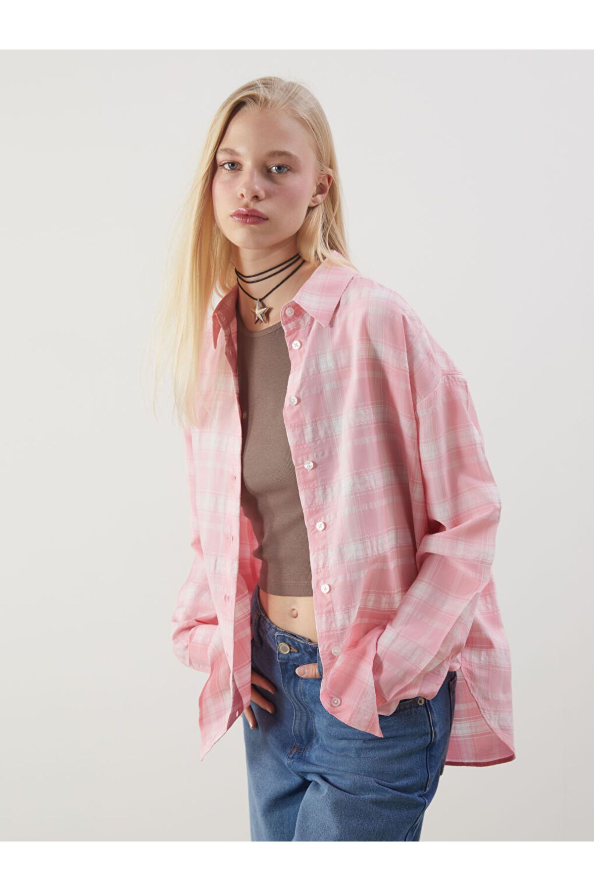 LC Waikiki XSIDE Pembe Ekose Oversize Kadın Gömlek S5OS59Z8NVY25