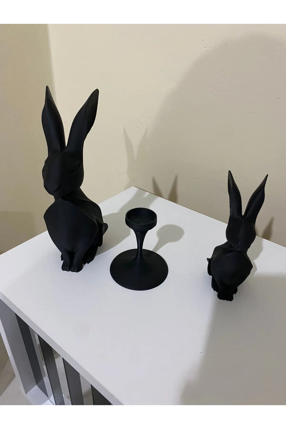 ALFA3D 3D Dekoratif Tavşan Biblo Seti Siyah Rengi - 3 Parça Şamdanlı