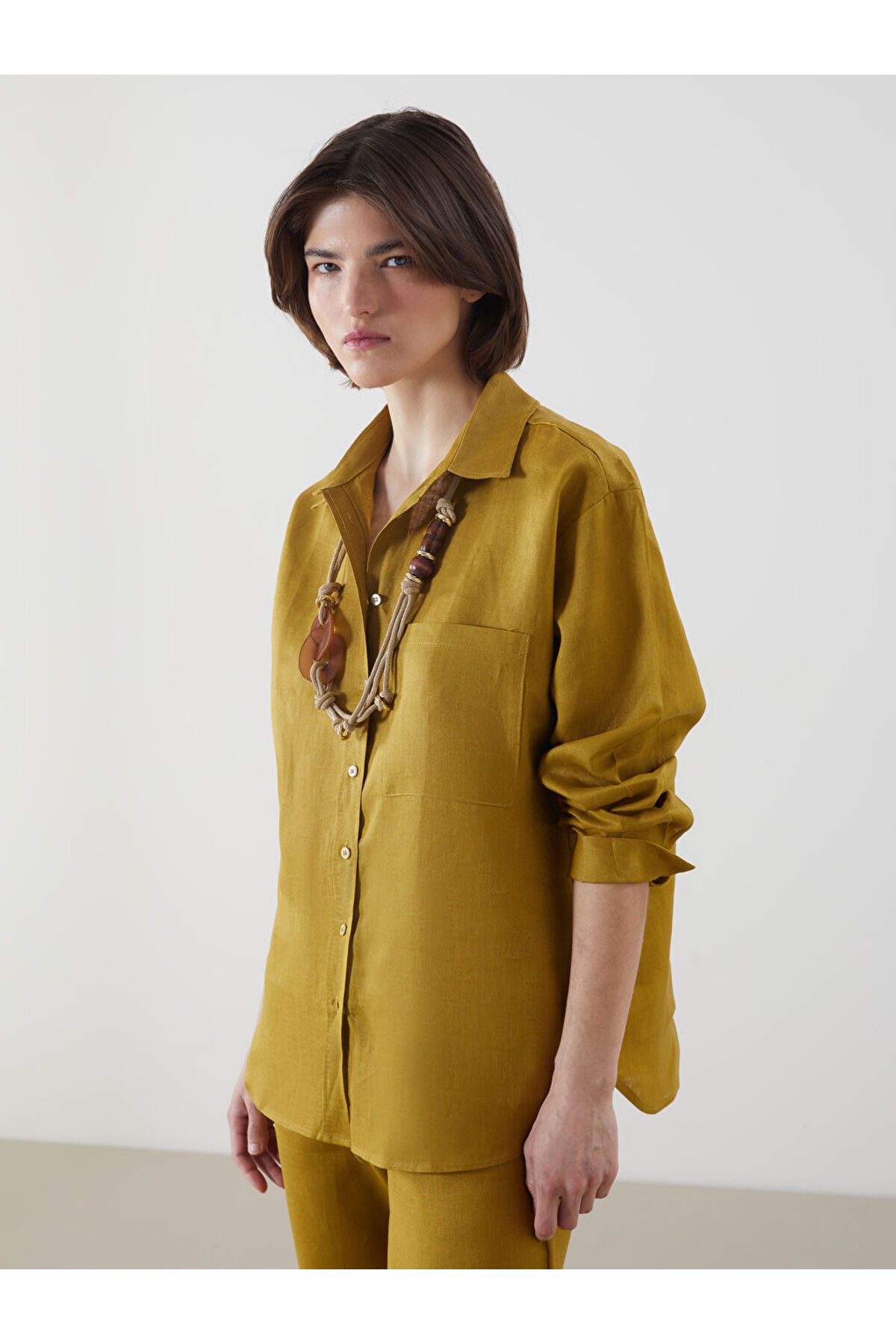 LC Waikiki LCW Vision Yeşil Oversize Keten Kadın Gömlek S5NG82Z8NVY25