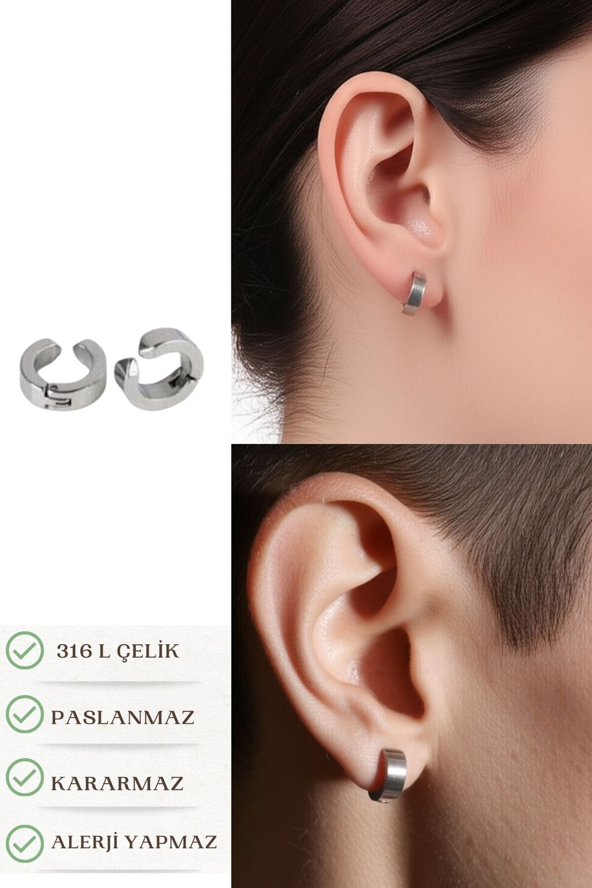 Lynare Sıkıştırmalı Deliksiz Trend Çelik Gri Unisex Kalın Halka Küpe Fake Küpe Ear Cuff 2 Adet