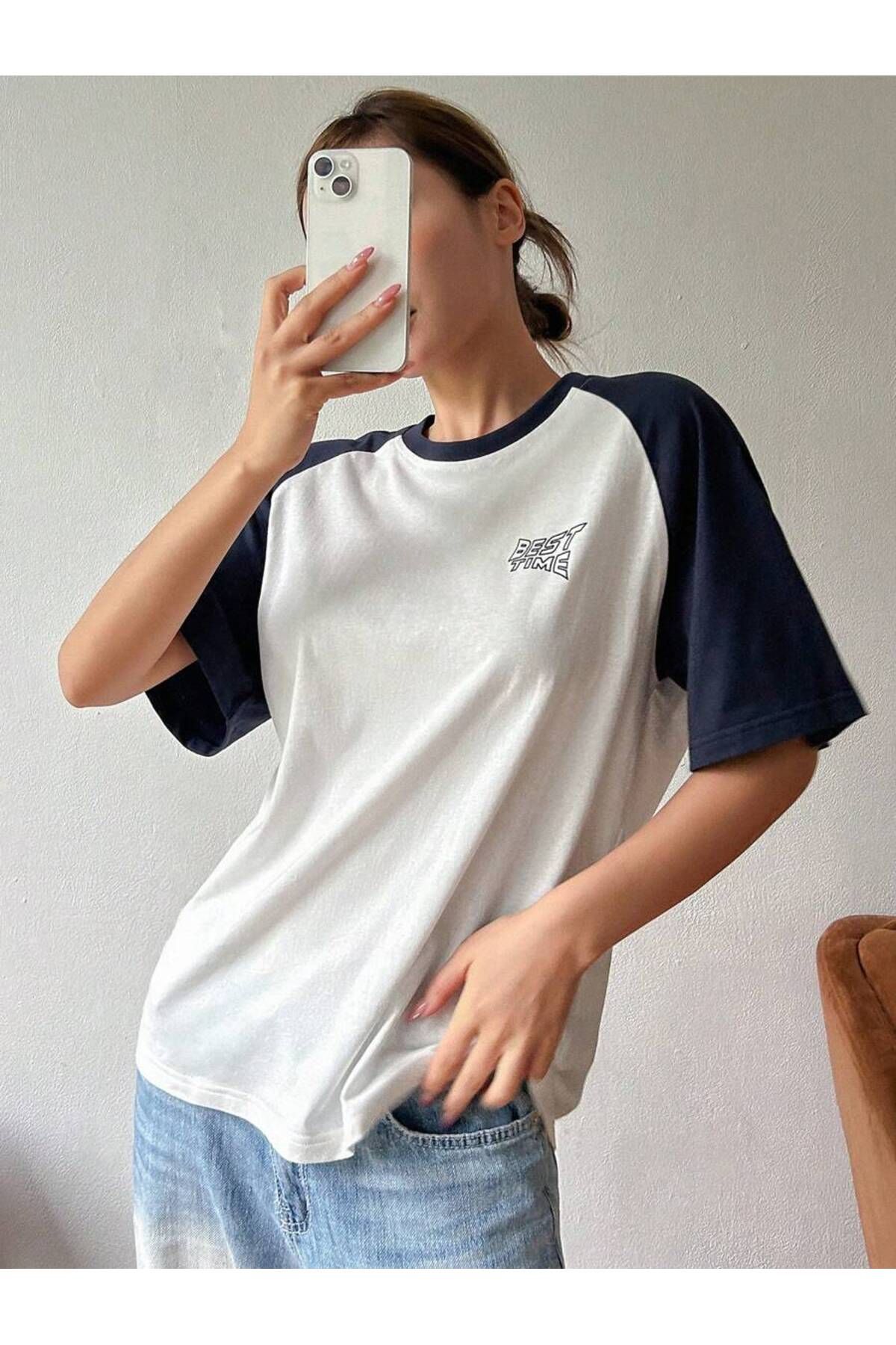 cc collection Kadın Best Time Baskılı Oversize Pamuklu Reglan Kol T-Shirt Tişört