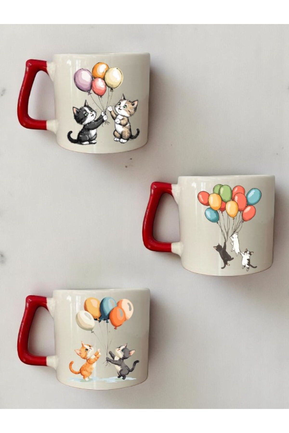 lili hediyelik Balonlu Kedi Baskılı 3'lü Kırmızı Kulplu Kahve Bardağı Kupa Bardak