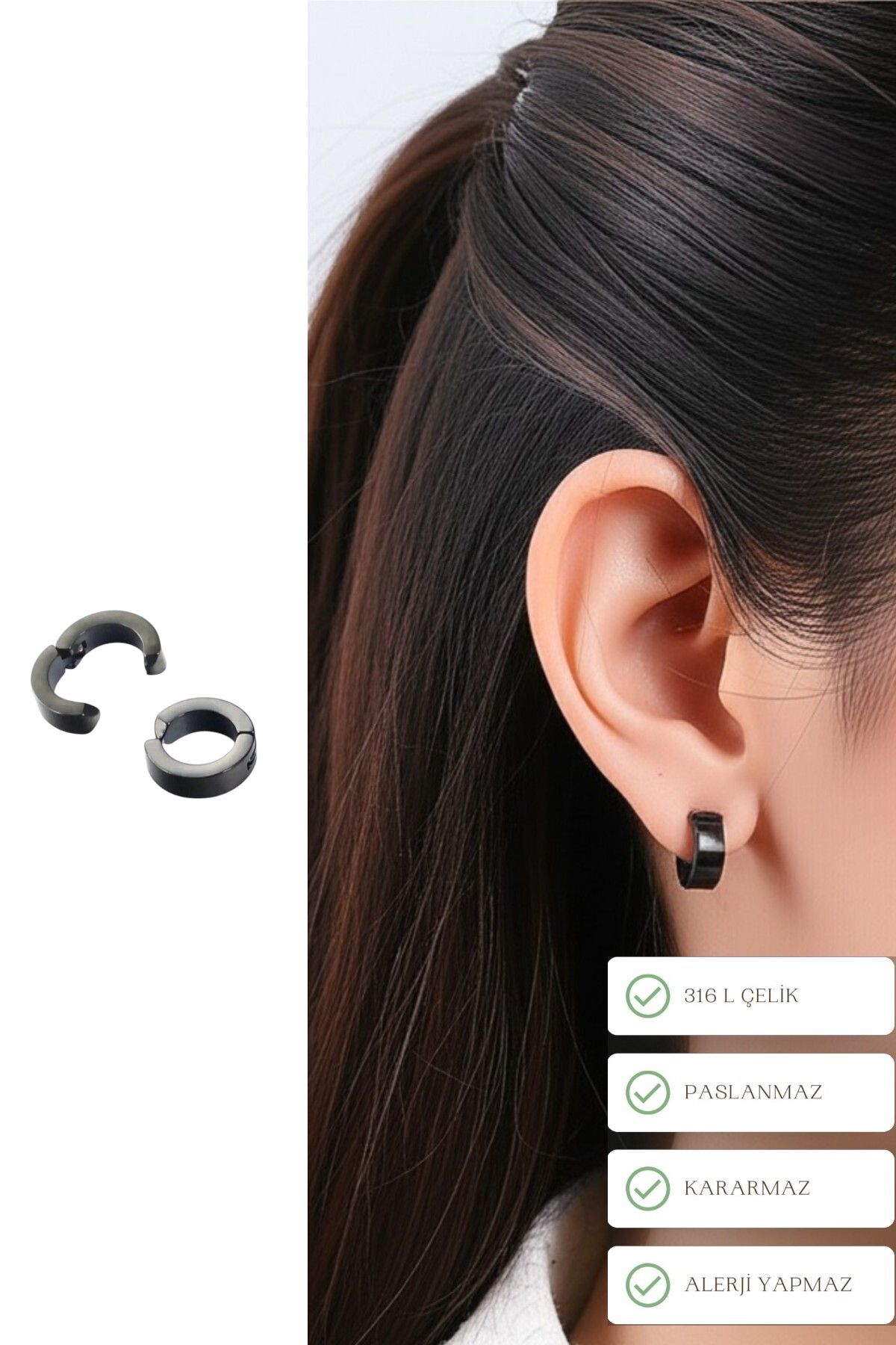 Lynare Sıkıştırmalı Deliksiz Trend Çelik Siyah Unisex Kalın Halka Küpe Fake Küpe Ear Cuff 2 Adet