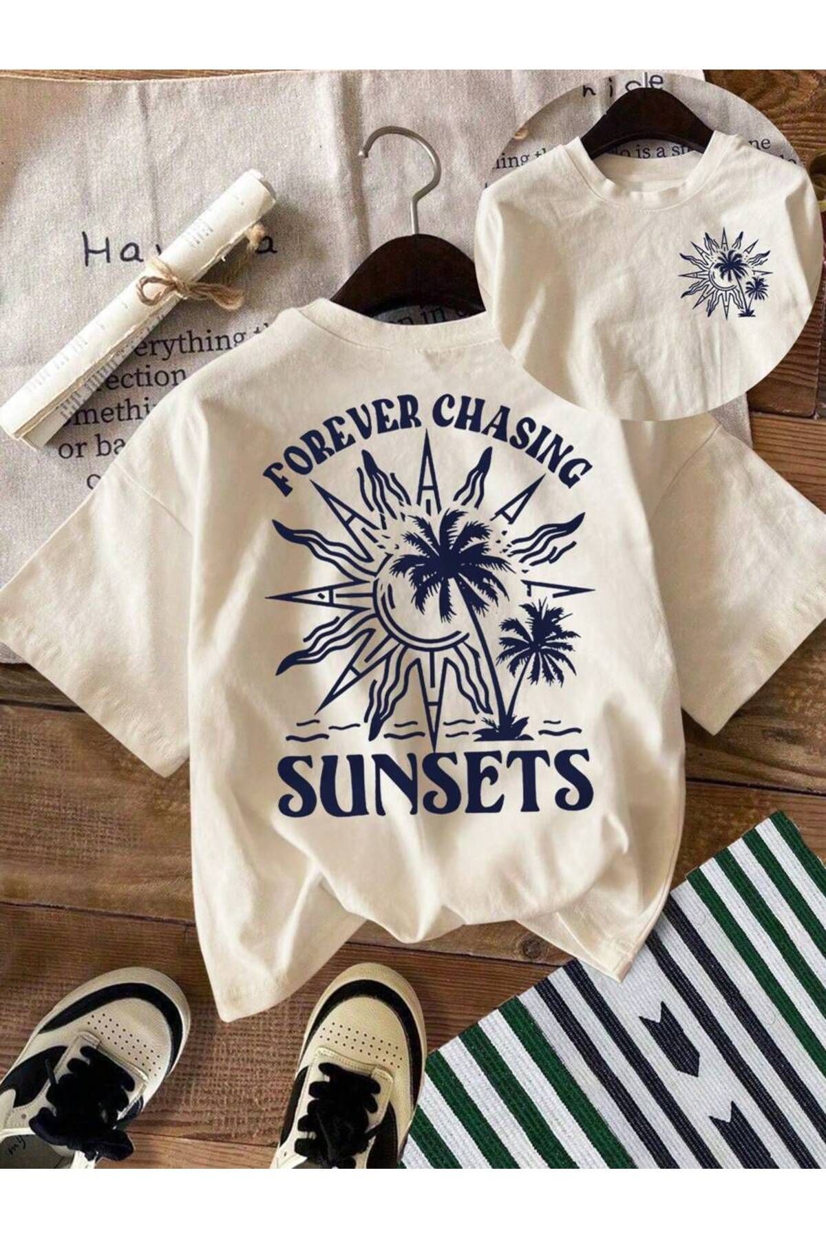 cc collection Kadın/Erkek Sunsets Baskılı Oversize Pamuklu T-Shirt Tişört