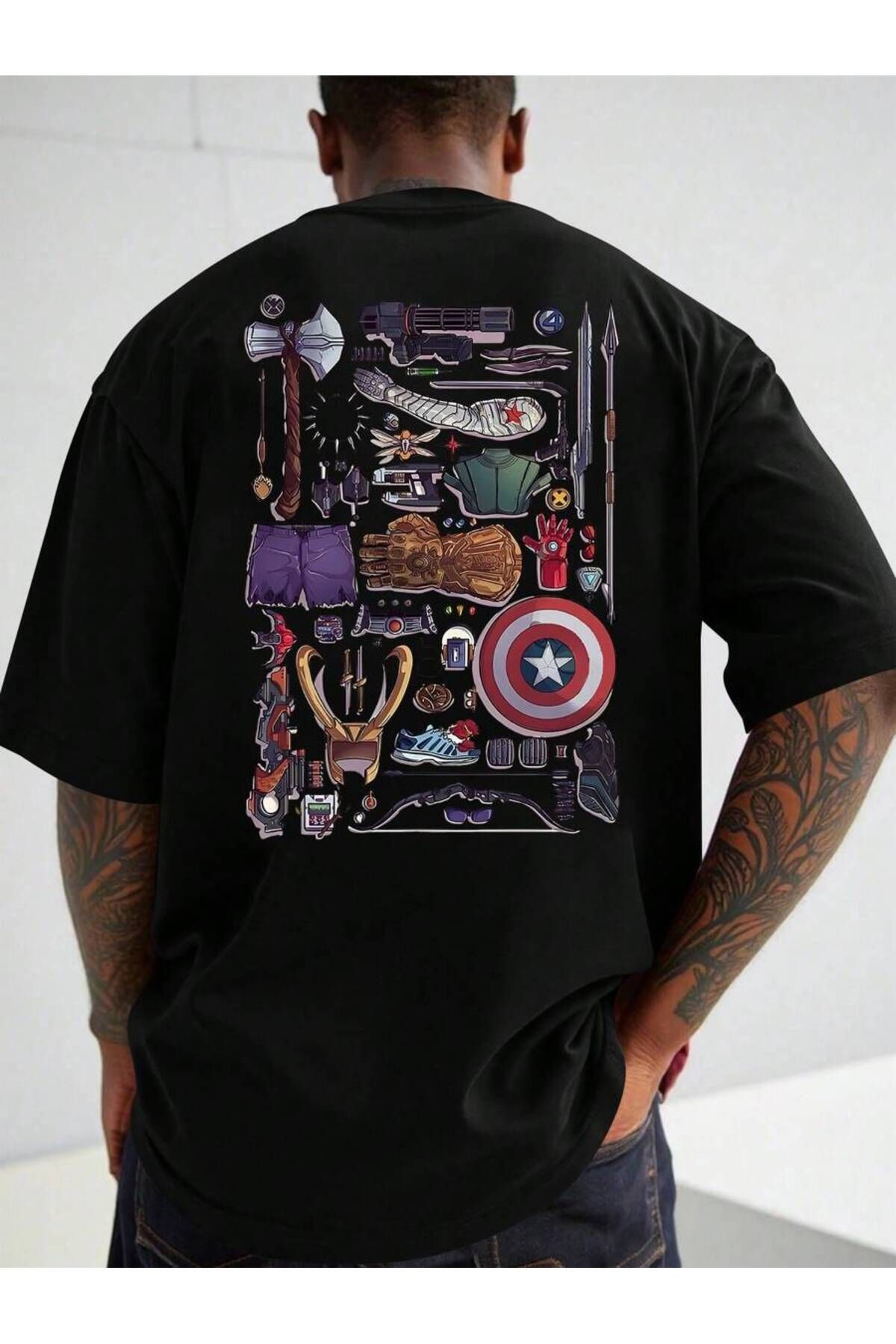 cc collection Kadın/Erkek Yenilmezler Figürleri Baskılı Oversize Pamuklu T-Shirt Tişört