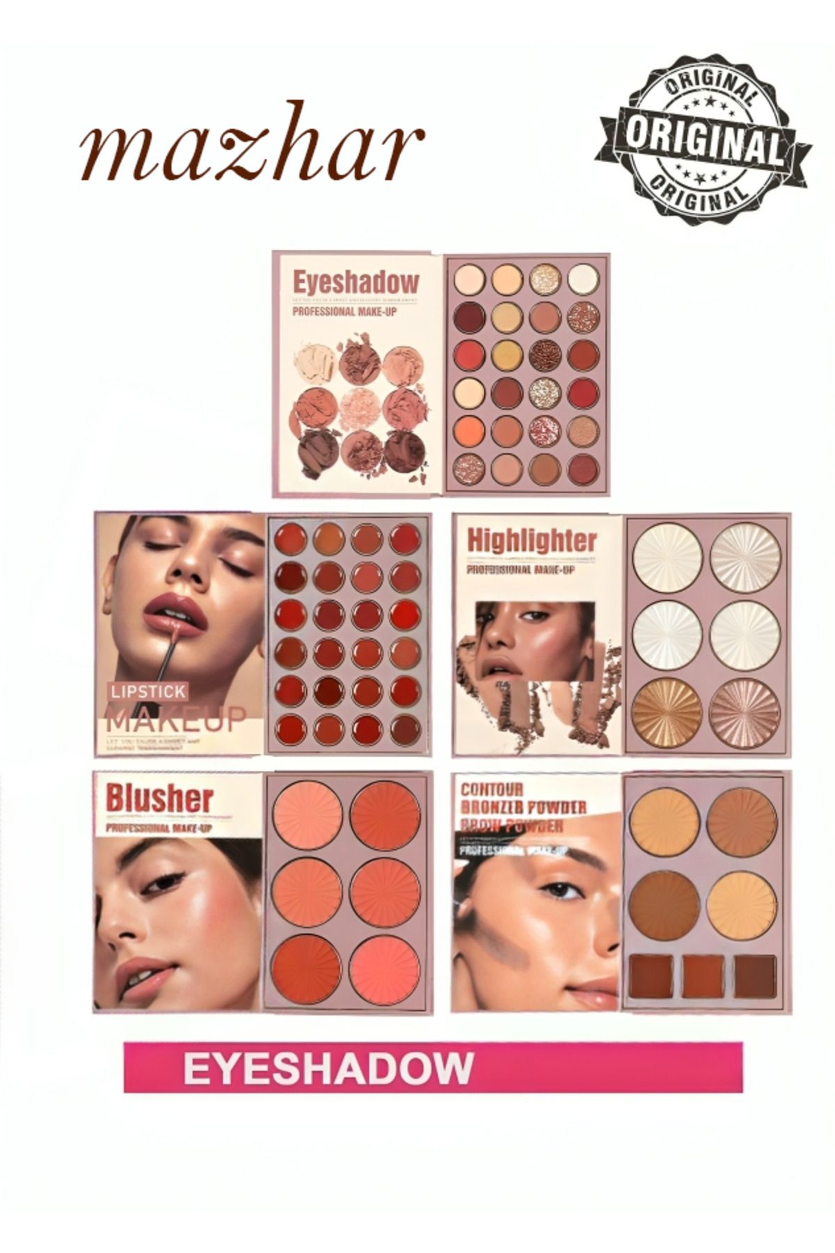 mazhar Makyaj Kitabı 5'li Palet Seti – Göz Farı, Ruj, Highlighter, Allık,