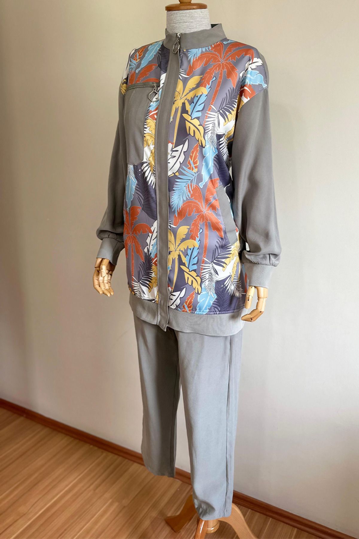 Stella Palmiye Desenli Fermuarlı Rayon Kumaş Mevsimlik İkili Tunik Takım