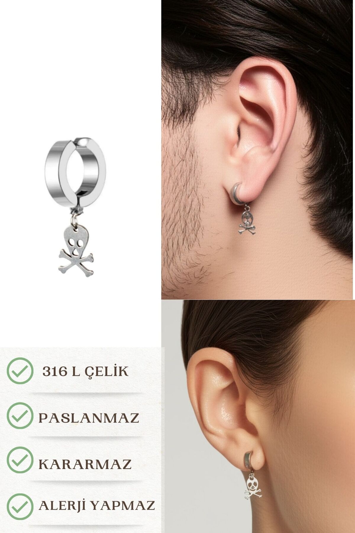 Lynare Sıkıştırmalı Trend Mıknatıslı Kuru Kafa Model Sallantılı Erkek 316L Çelik Gri Küpe Ear Cuff 1 Adet