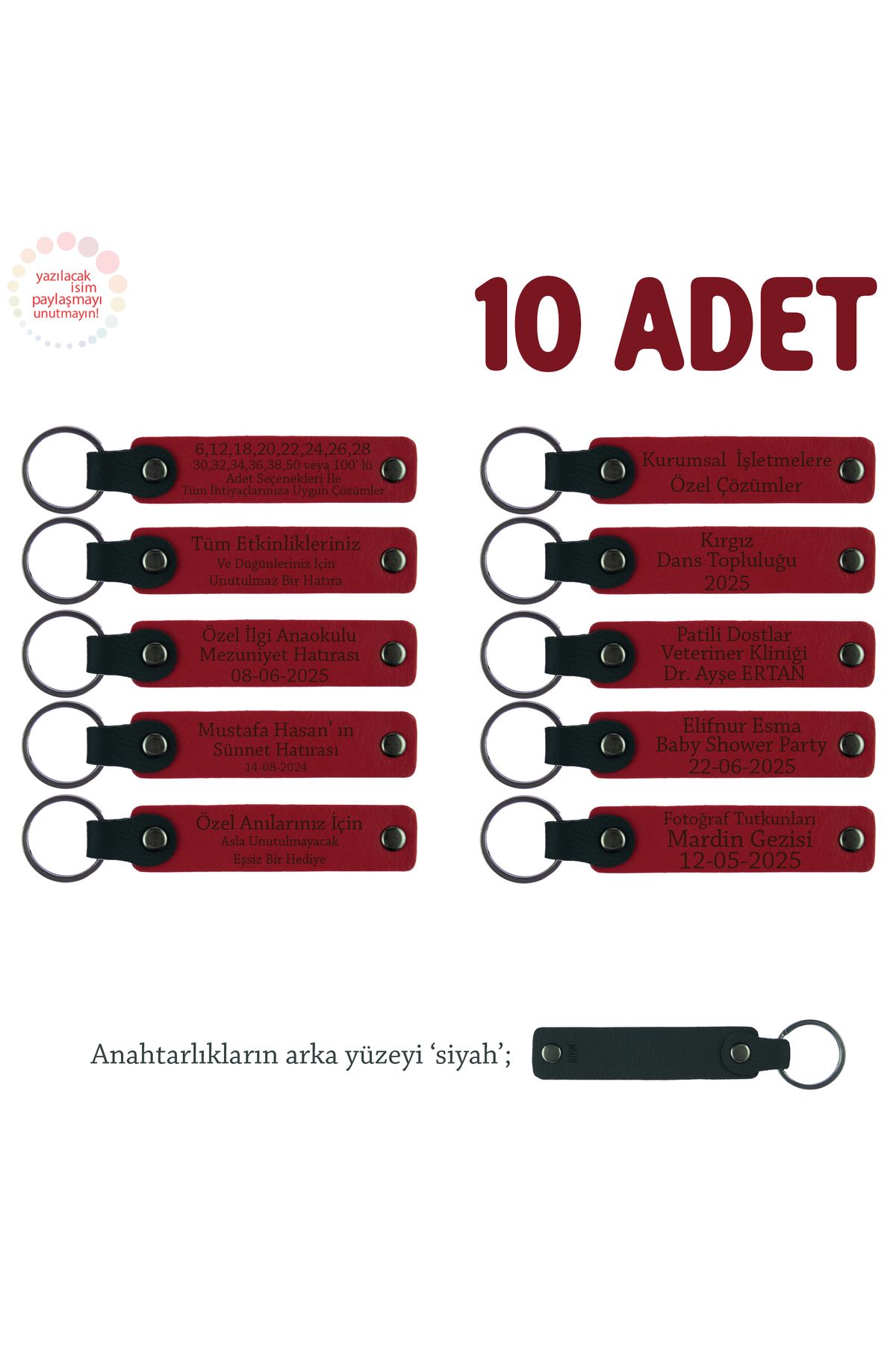 Miaju Yaratıcılık Atölyesi Mezunlarına Özel, 10'lu Set, İsim Yazılı Deri Anahtarlık, Kırmızı & Siyah