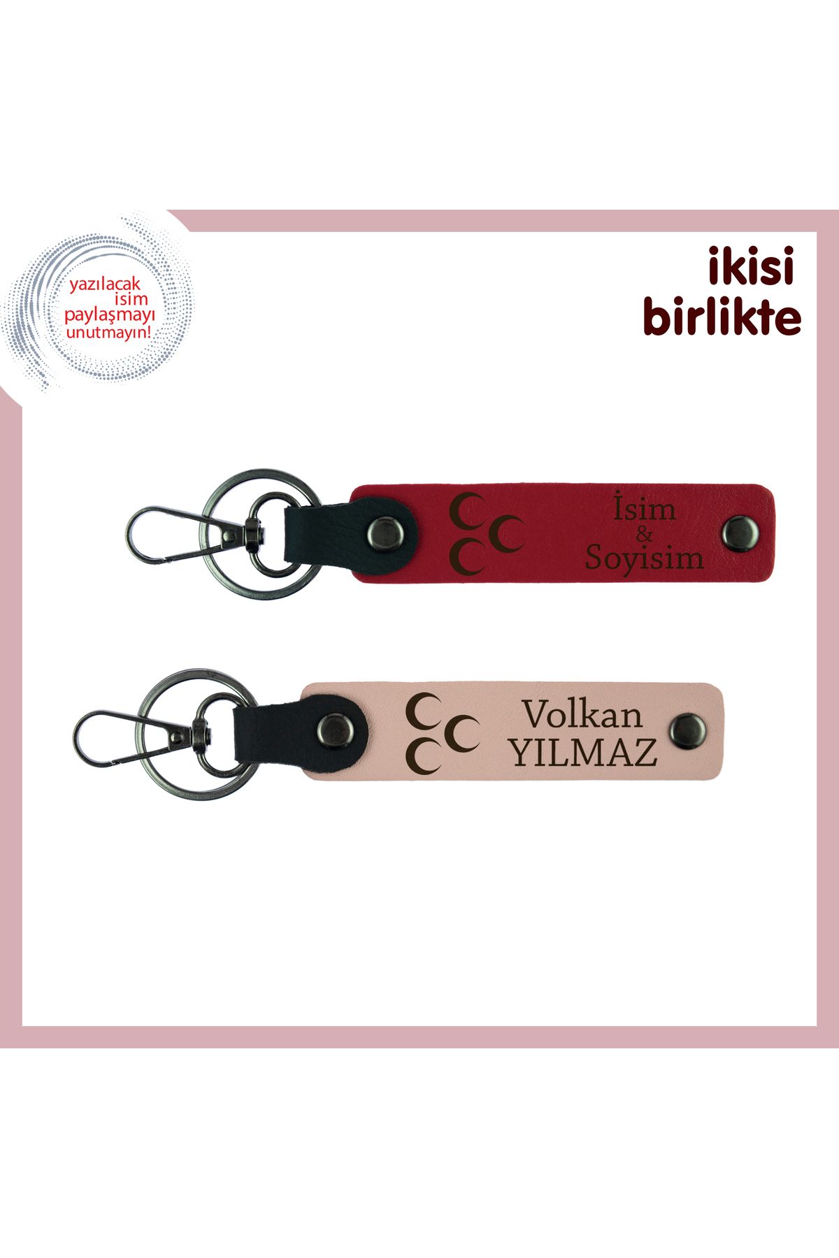 Miaju İsim Yazılabilir Üç Hilal Motifli Deri Anahtarlık, Kişisel Hediye, Kırmızı-Yavru Ağzı