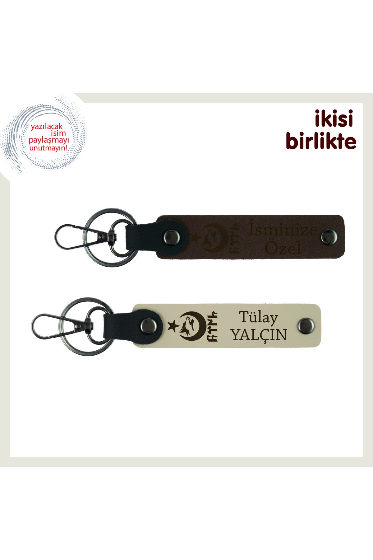 Miaju Askere Hatıra – Ayyıldız Kurt Göktürk Kişiye Özel 2’li Deri Anahtarlık Takımı, Koyu Kahve-S Kahve