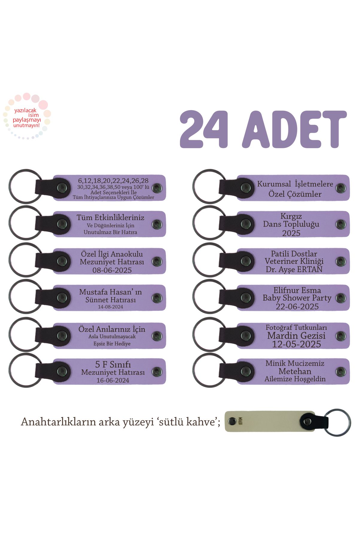 Miaju Doğa Yürüyüş Grubu İçin İsim Yazlıabilen Hatıra Anı Anahtarlık 24’lü Set, Mor Menekşe & Sütlü Kahve