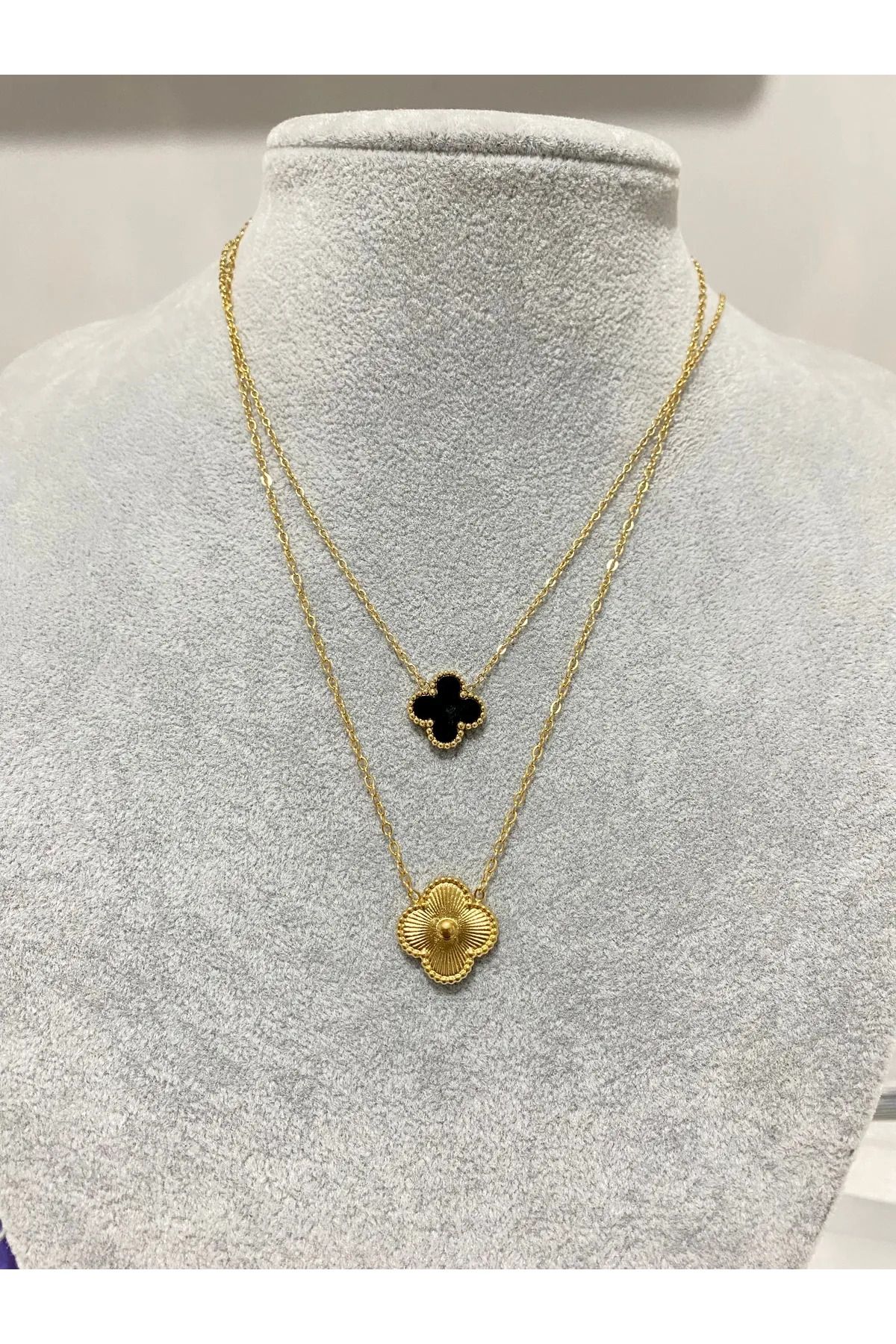 ANGELSS JEWELLERY İkili Kombin Gold Siyah Kolye Van Cleeff (Yonca Model Gold Siyah 2’li Kombin Kolye)