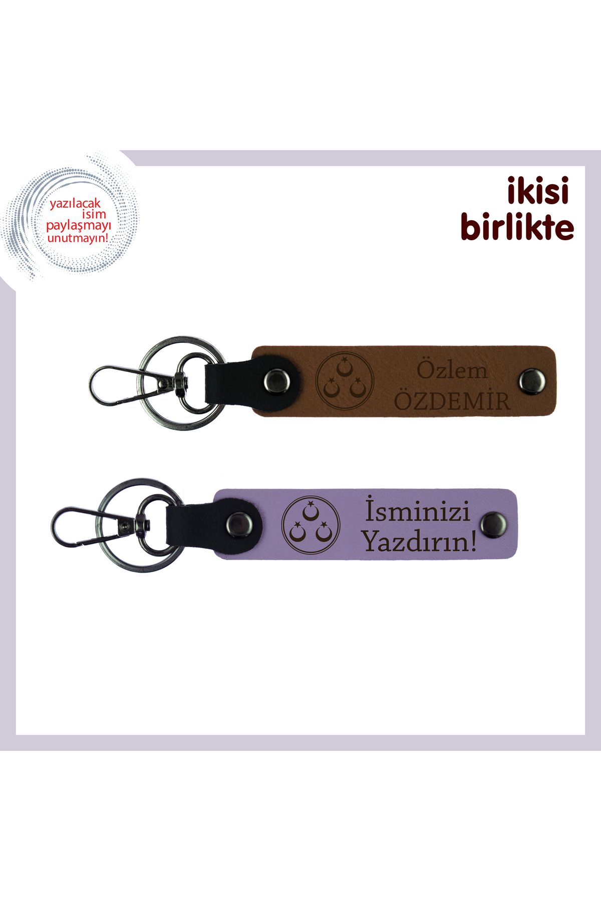 Miaju Kardeşe Özel Kalıcı Bir Hatıra, Üç Ayyıldız İsim Ve Soyadı Yazılı x2 Deri Anahtarlık, Açık Kahve-Mor