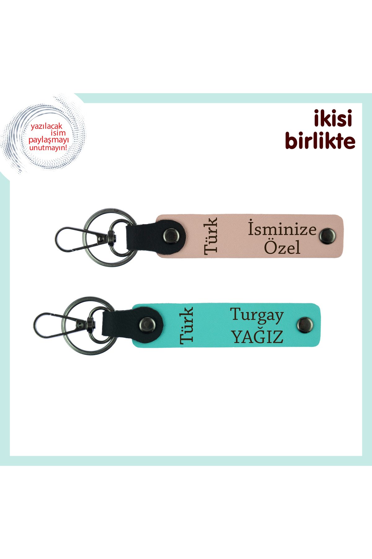 Miaju Kurumsal Şık Hediyelik, Türk Yazısı Kişiye Özel Deri Anahtarlık Set, Yavru Ağzı-Turkuaz