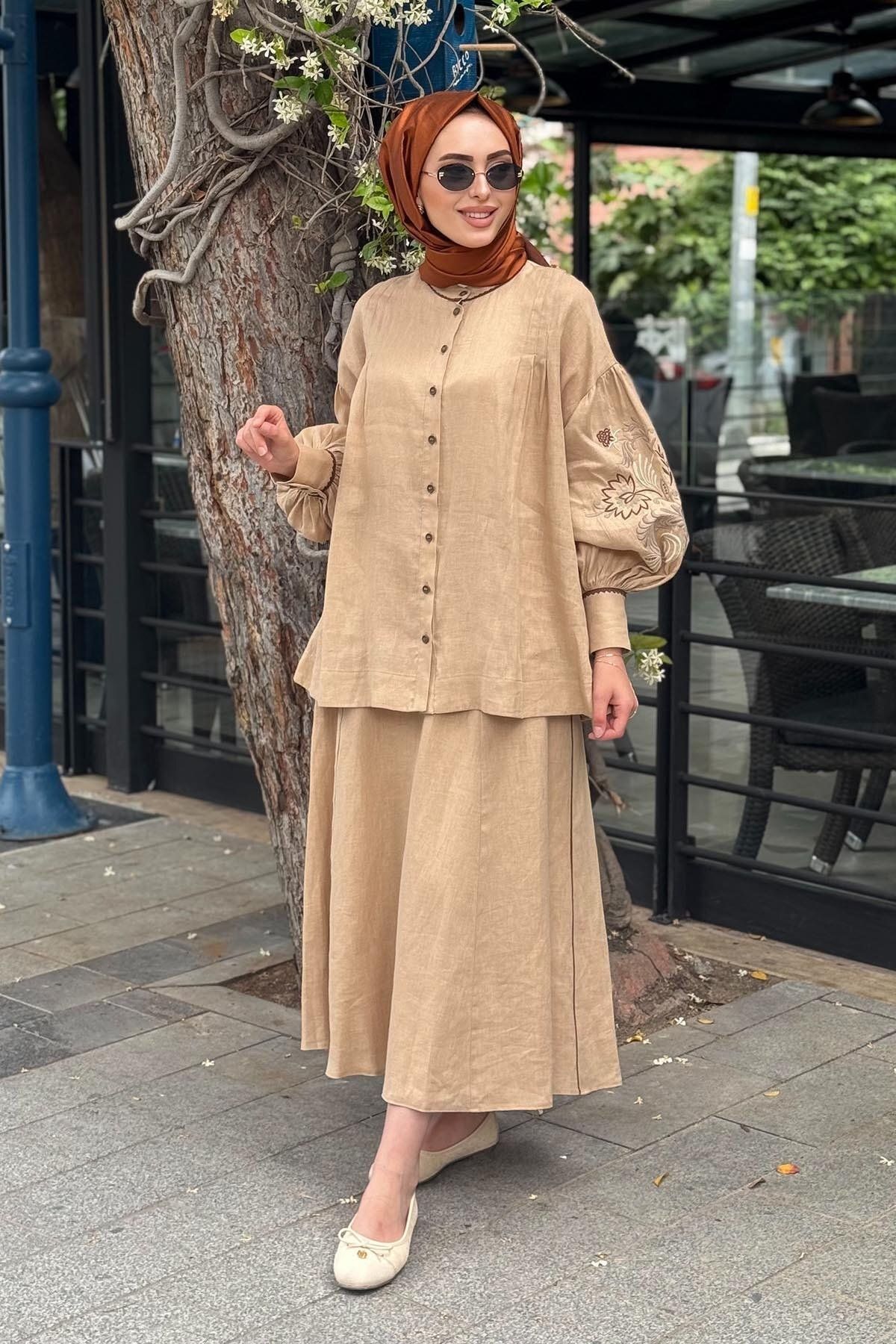 Kayra Balon Kol Kol Nakış İşlemeli Keten Etekli Takım