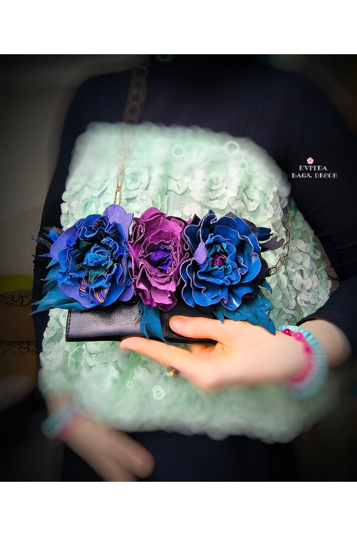 BagsDecor Abiye siyah mor mavi lacivert Hakiki Deri çiçekli gül şakayık clutch portföy cüzdan el omuz çantası