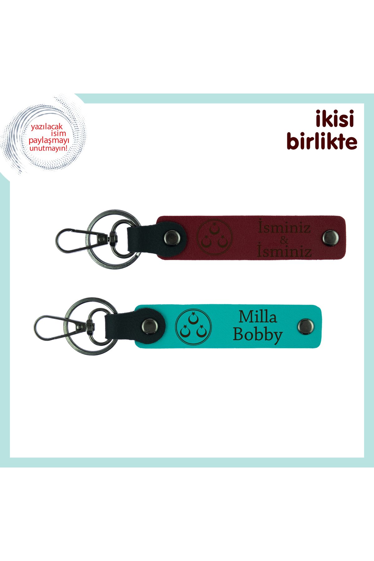 Miaju Üç Ayyıldız Desenli Öğretmene Teşekkür Hediyesi – İsme Özel 2’li Set Anahtarlık, Bordo-Turkuaz