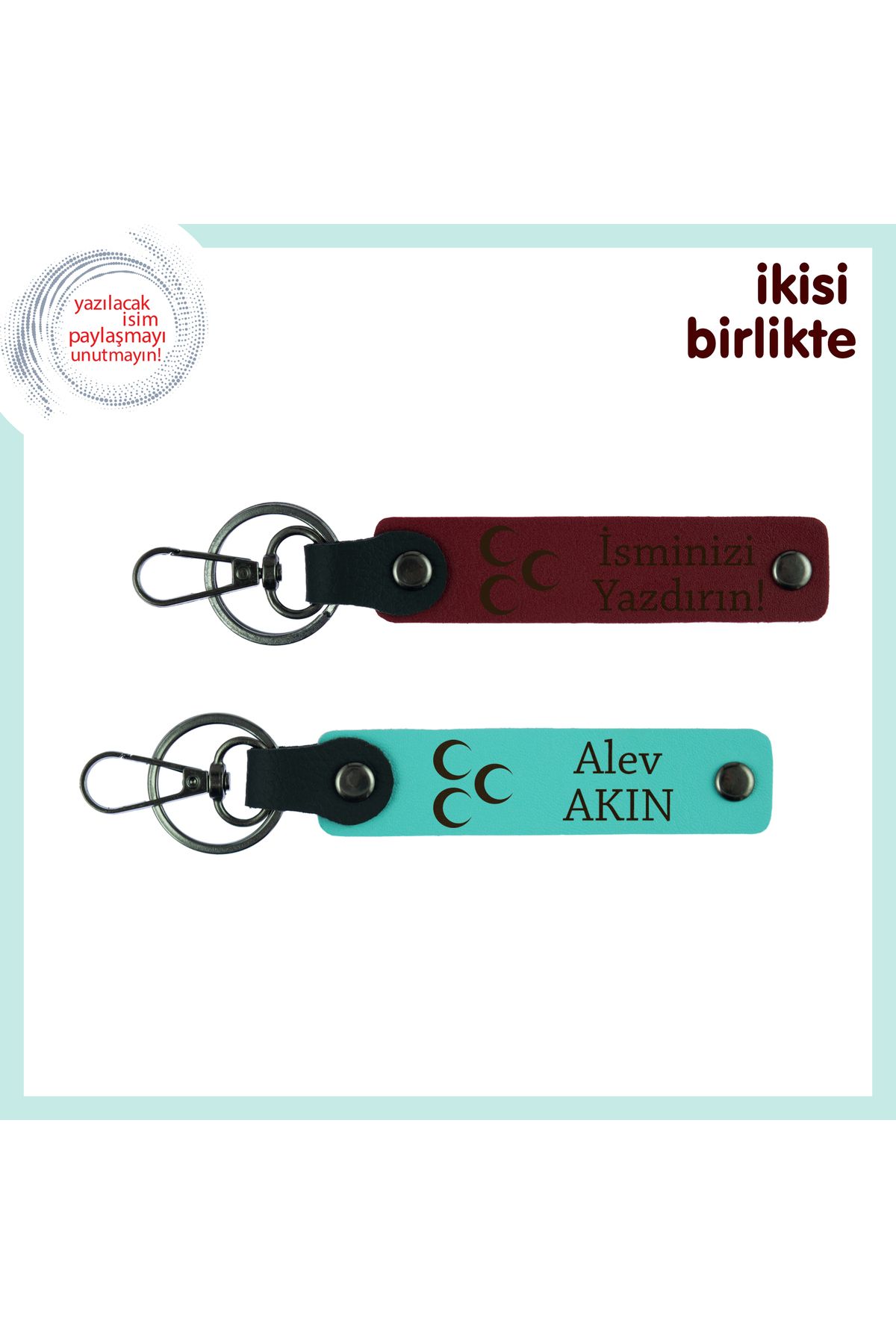 Miaju Üç Hilal Desenli Sevgiliye Hediye – Kişisel İsimli Anahtarlık Takım 2'li, Bordo-Turkuaz