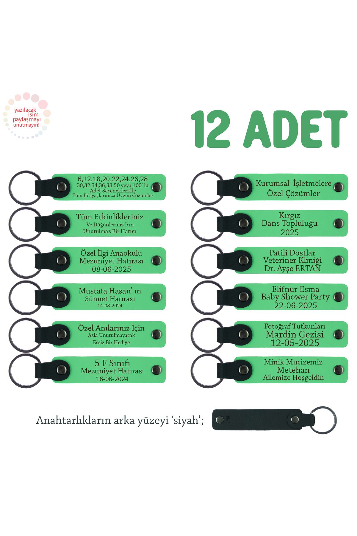 Miaju Kardeşlerden Nişan Töreninde Dağıtılacak, 12'li Set, İsimli Anlamlı Deri Anahtarlık, F Yeşil & Syh