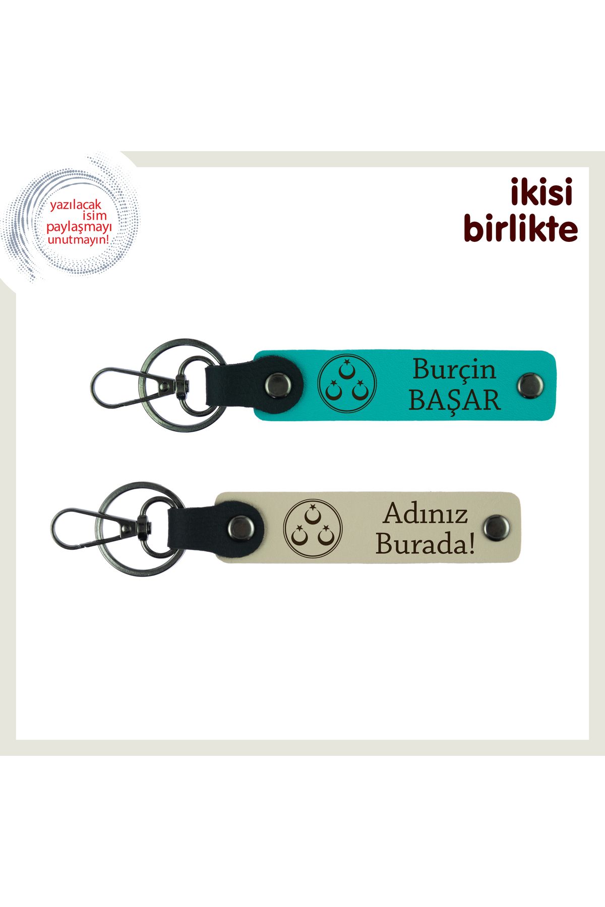 Miaju Kuzenine Ömürlük Bir Hatıra – Üç Ayyıldız ve İsimli 2’li Anahtarlık Takımı, Koyu Turkuaz-Sütlü Kahve