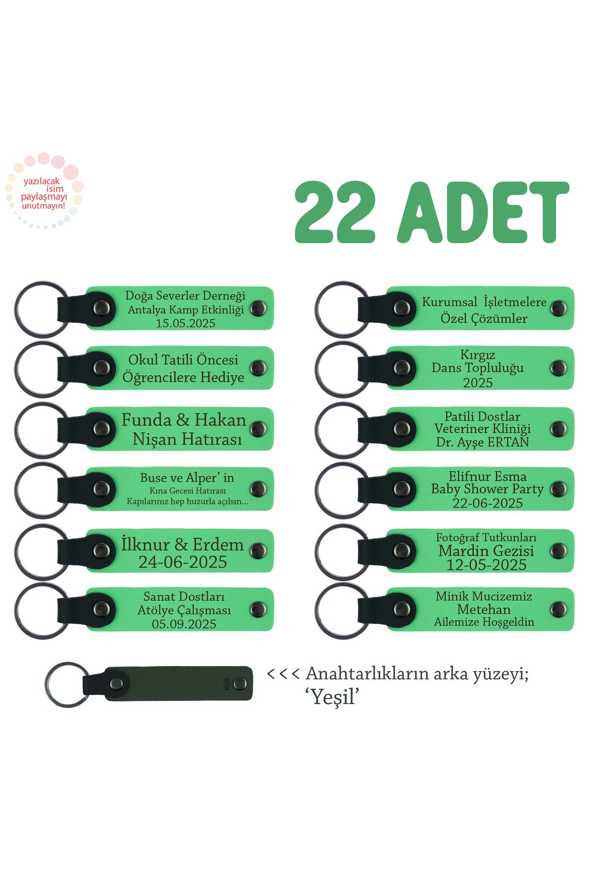 Miaju Kadınlar Gününde Komşulara Hediye Olarak, 22'li Set, İsimli Deri Hatıra Anahtarlık, F Yeşil & Yeşil