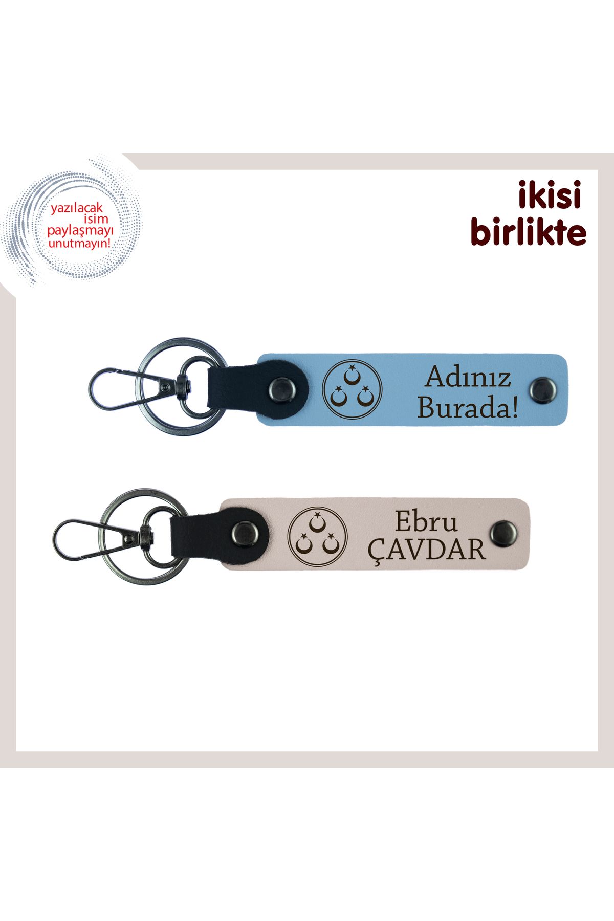 Miaju Kardeşe Vatan Temalı Anlamlı Hediye – Üç Ayyıldızlı Kişisel İsimli Anahtarlık Takımı, Gök Mavi-Pudra