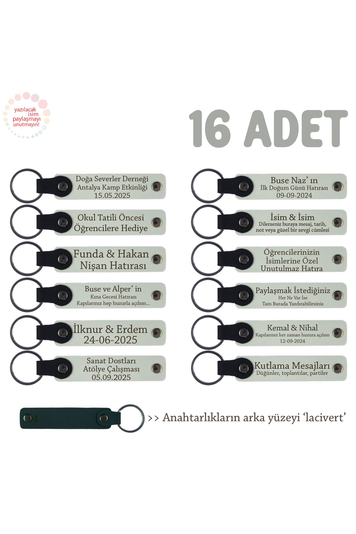 Miaju 40 Uçurma Mevlüdü İçin Üzerine İsim Yazılabilen 16'lı, Anı Anahtarlık Set, Beyaz & Lacivert