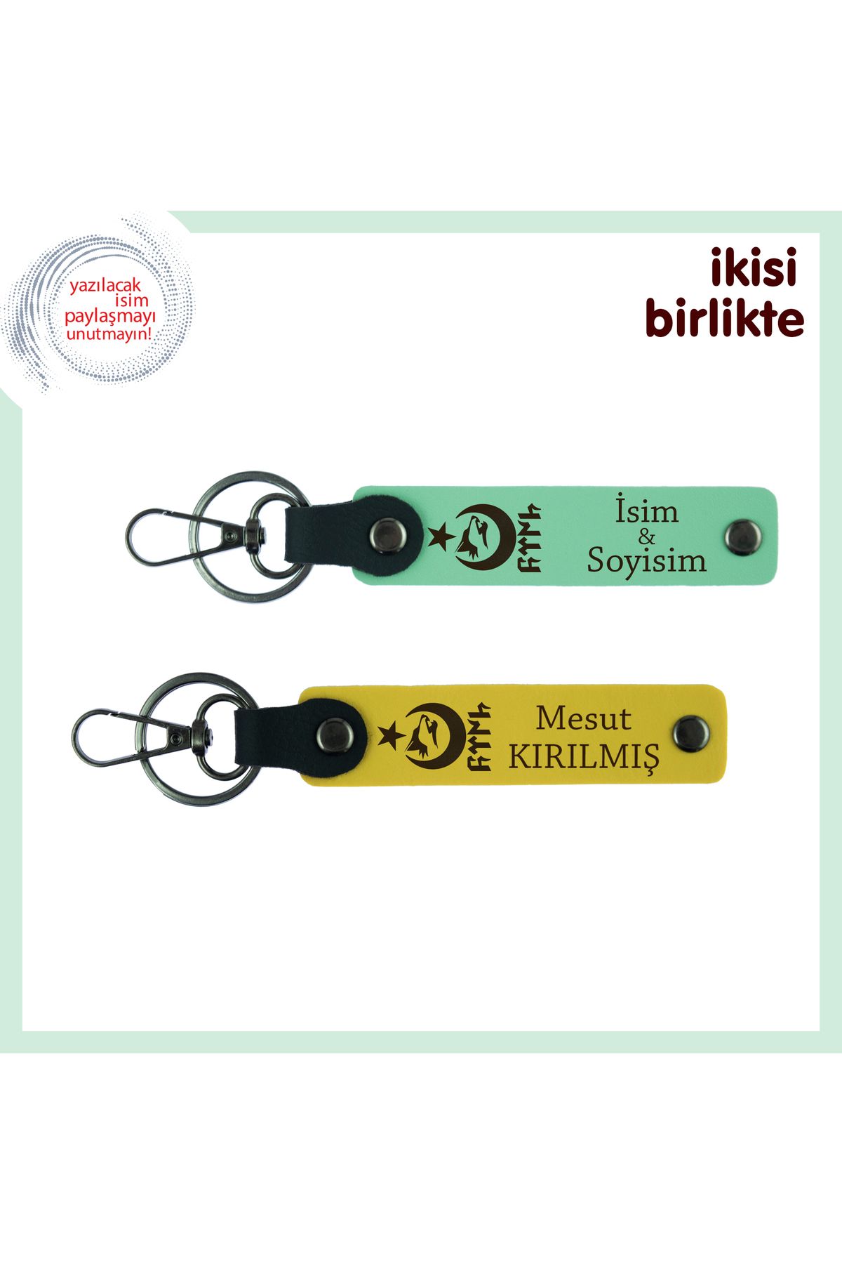 Miaju İsim Soyisim Yazılı 2’li Anahtarlık Ayyıldız Kurt Göktürk Desenli, Sevdiklerine Armağan, Yeşil-Sarı