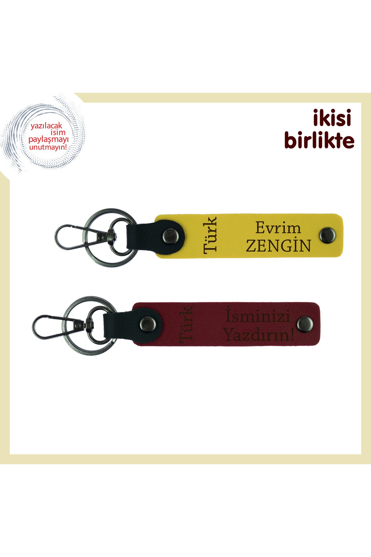 Miaju Eşine Verilebilecek En Anlamlı Yıldönümü Armağanı Türk Yazısı Temalı– Deri Anahtarlık x2, Sarı-Bordo