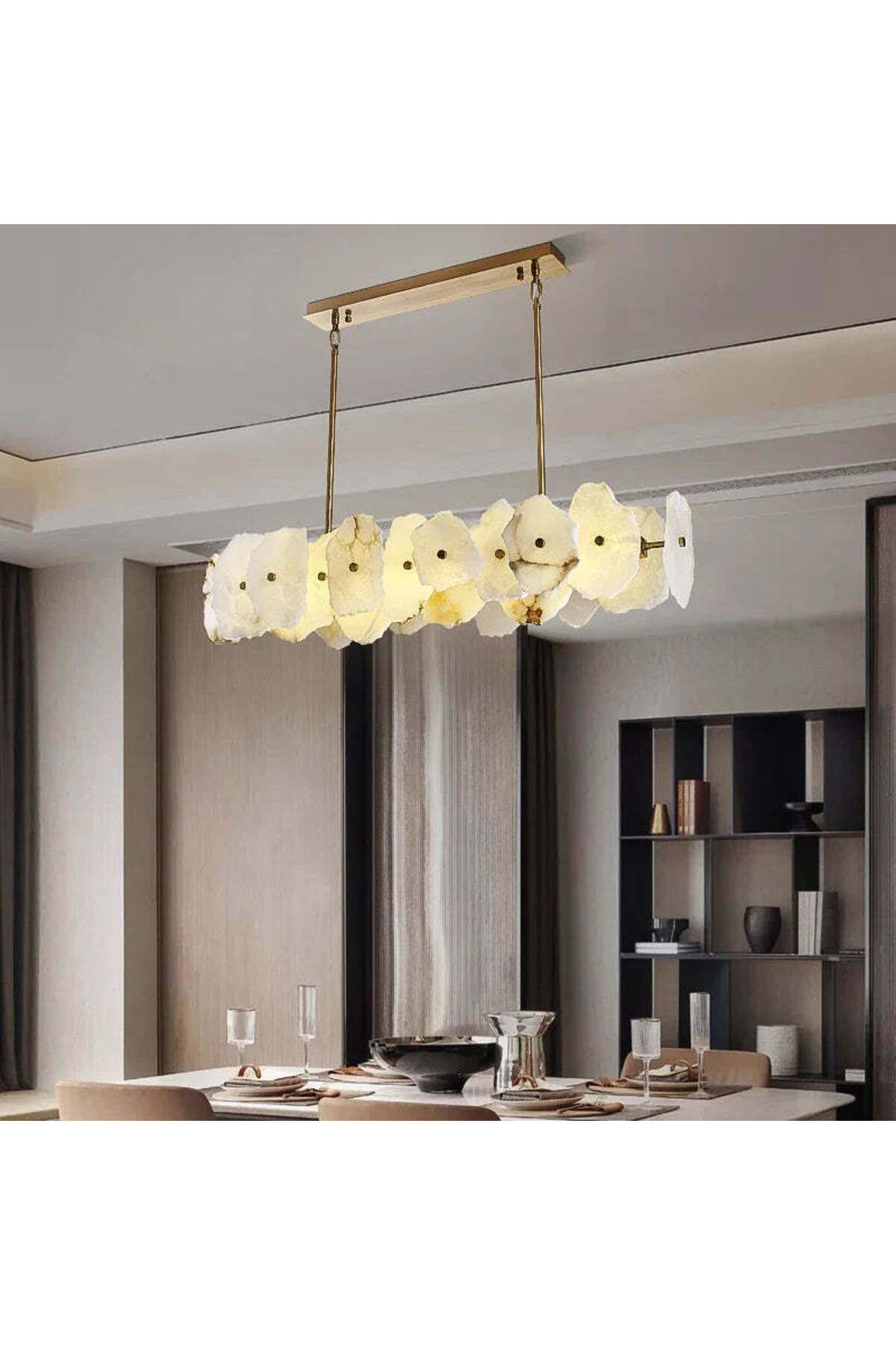 burenze Luxury Exclusive Modern Marble Tasarım Ledli Mermer Avize Eskitme Gold Sarı Led Avize Elips 100 Cm